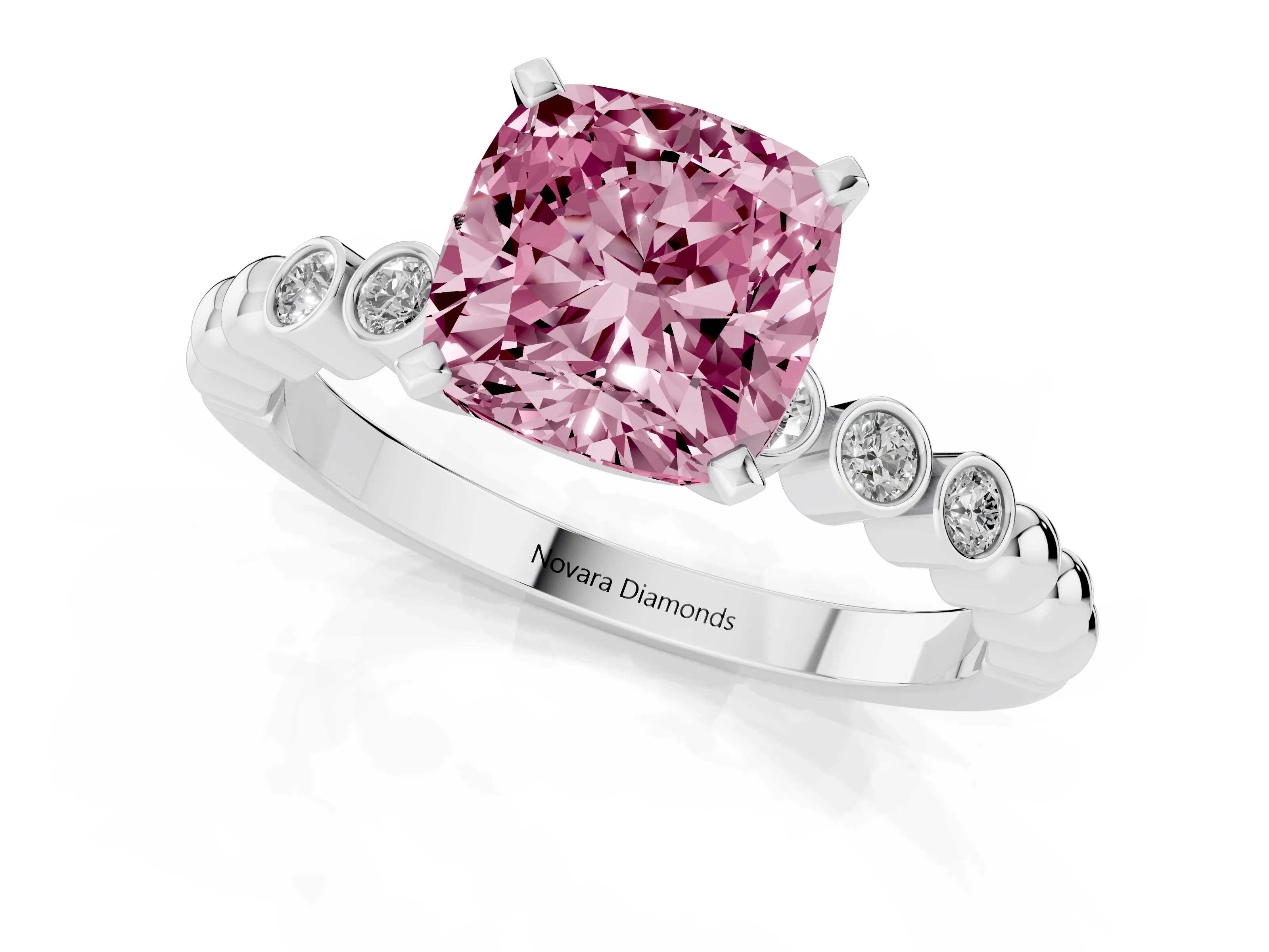 Fancy Pink Cushion Cut Diamond Solitaire Engagement Ring Set in White gold with Bezel Accents on Beaded Band
