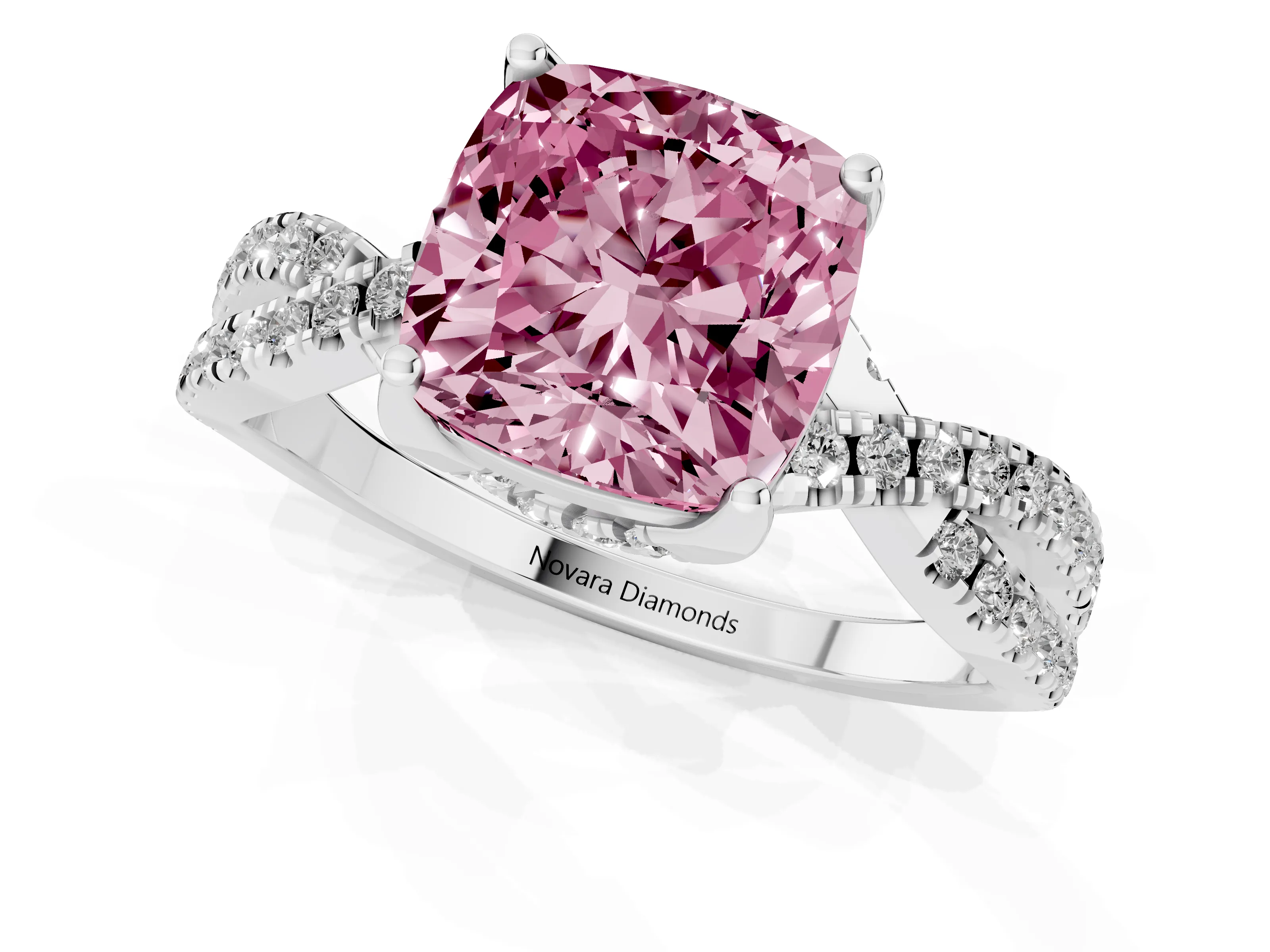 Fancy Pink Cushion Cut Diamond Twist Pavé Solitaire Engagement Ring Set in White gold with Prong Setting
