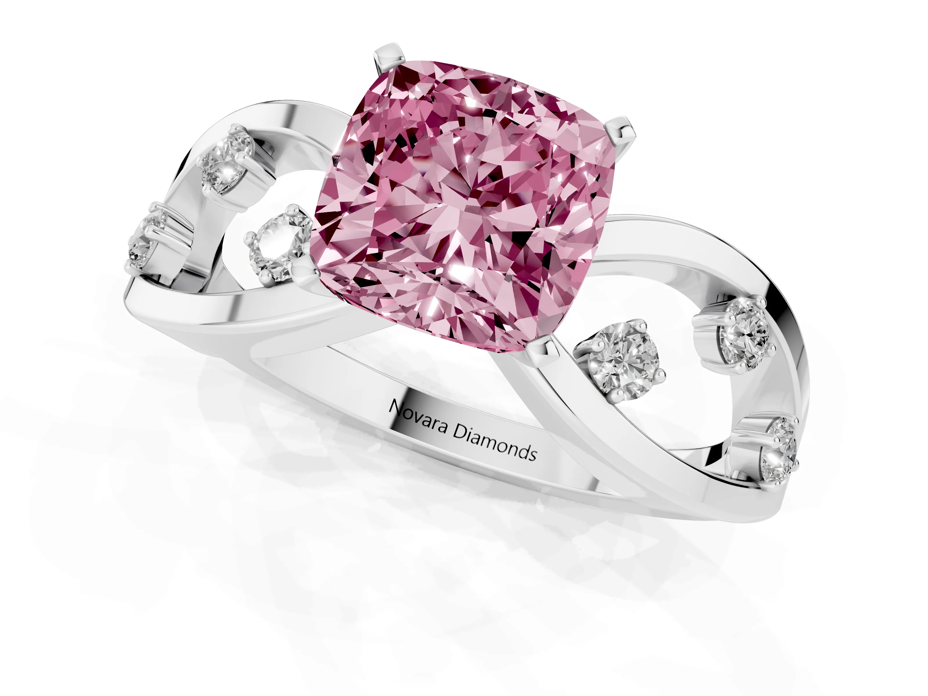 Fancy Pink Cushion Cut Diamond Solitaire Ring Set in Silver with Side Stones on Criss-Cross Band and Prong Setting