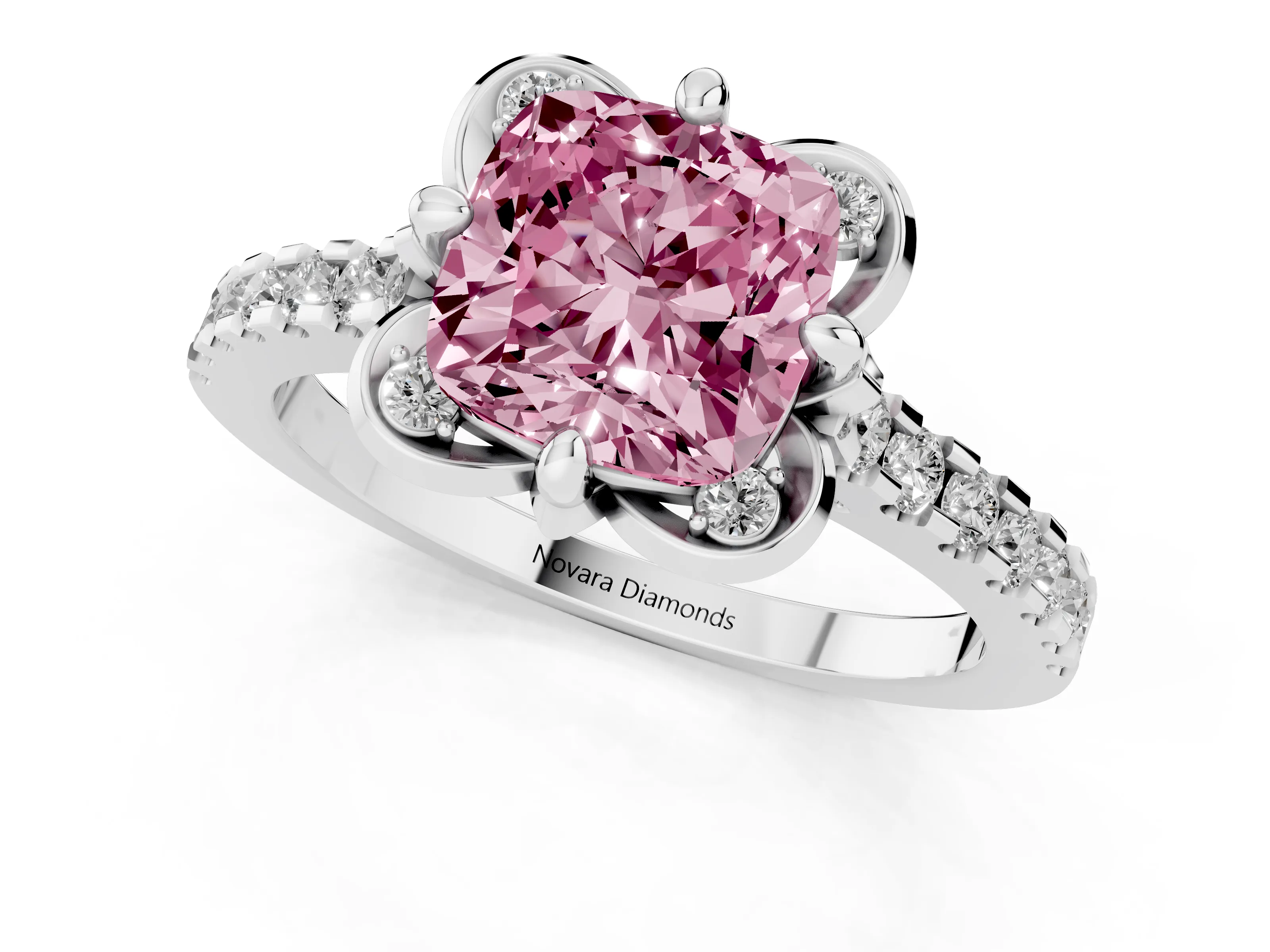 Fancy Pink Cushion Cut Diamond Solitaire Ring Set in Platinum with Pavé Band and Floral Prong Setting