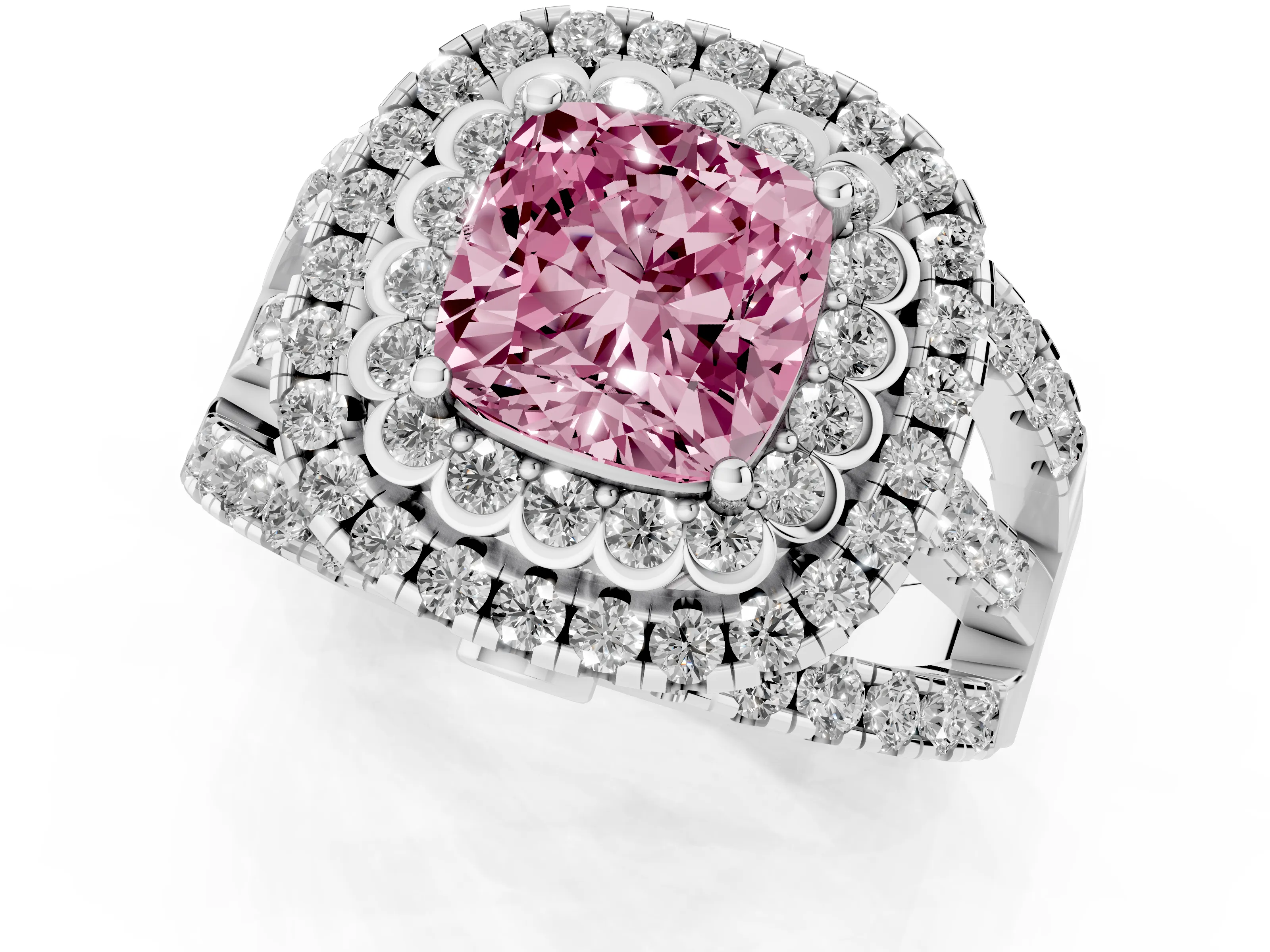 Fancy Pink Cushion Cut Diamond Double Halo Ring Set in White gold with Round Pavé Split Shank – second view