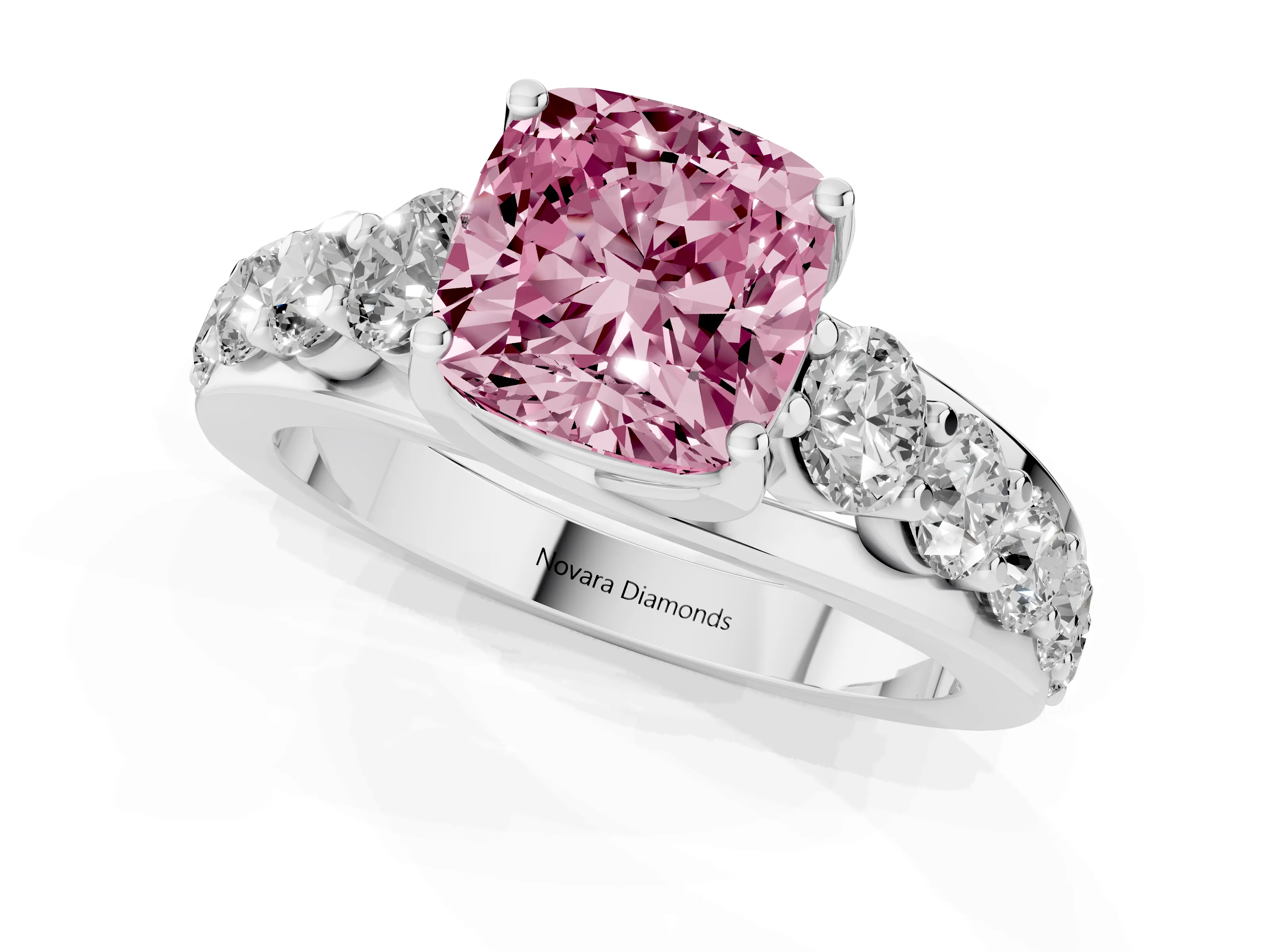 Fancy Pink Cushion Cut Diamond Pavé Engagement Ring Set in Silver with Prong Setting