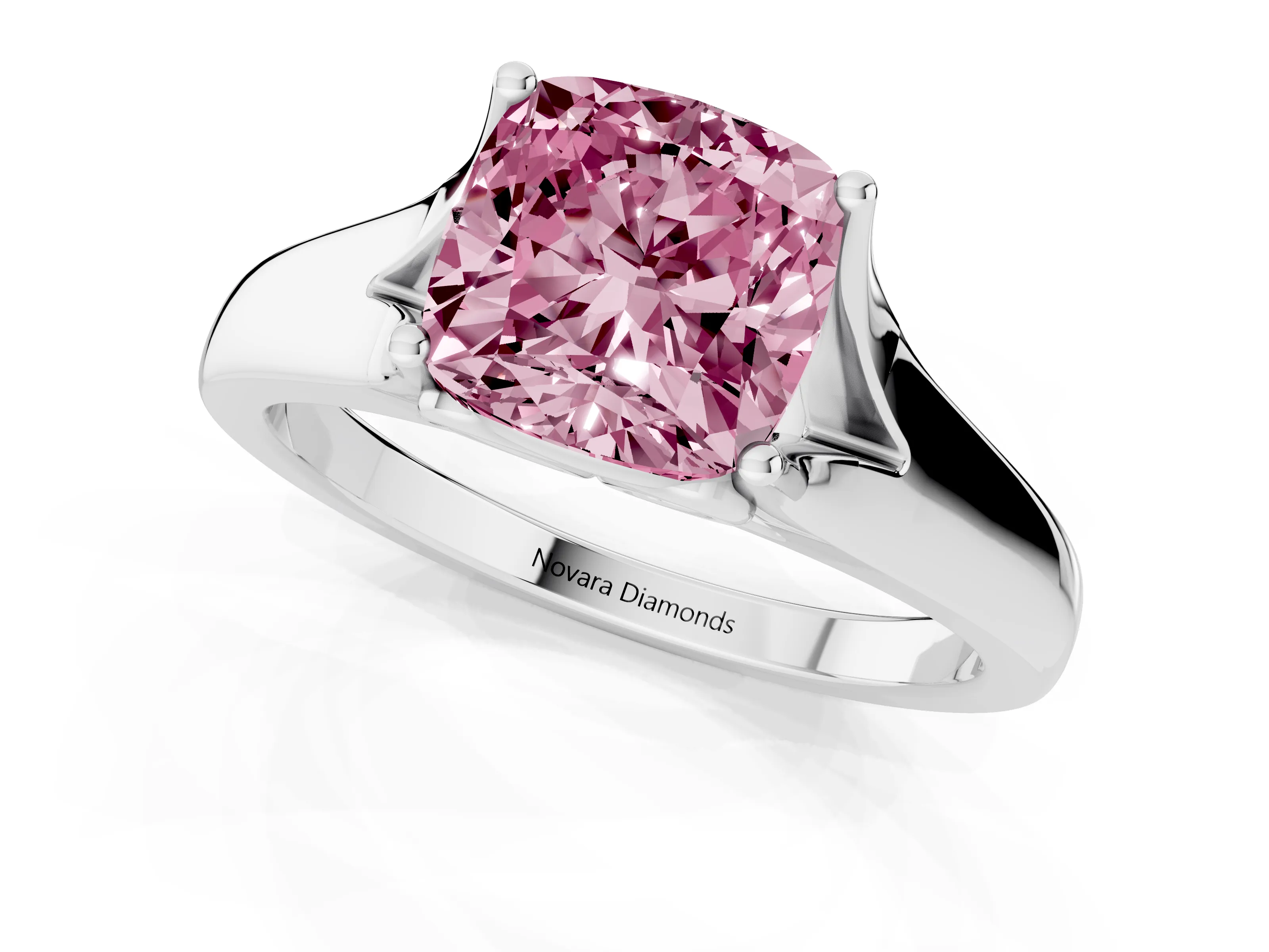 Fancy Pink Cushion Cut Diamond Solitaire Ring Set in White gold with Arched Cathedral Band and Prong Setting