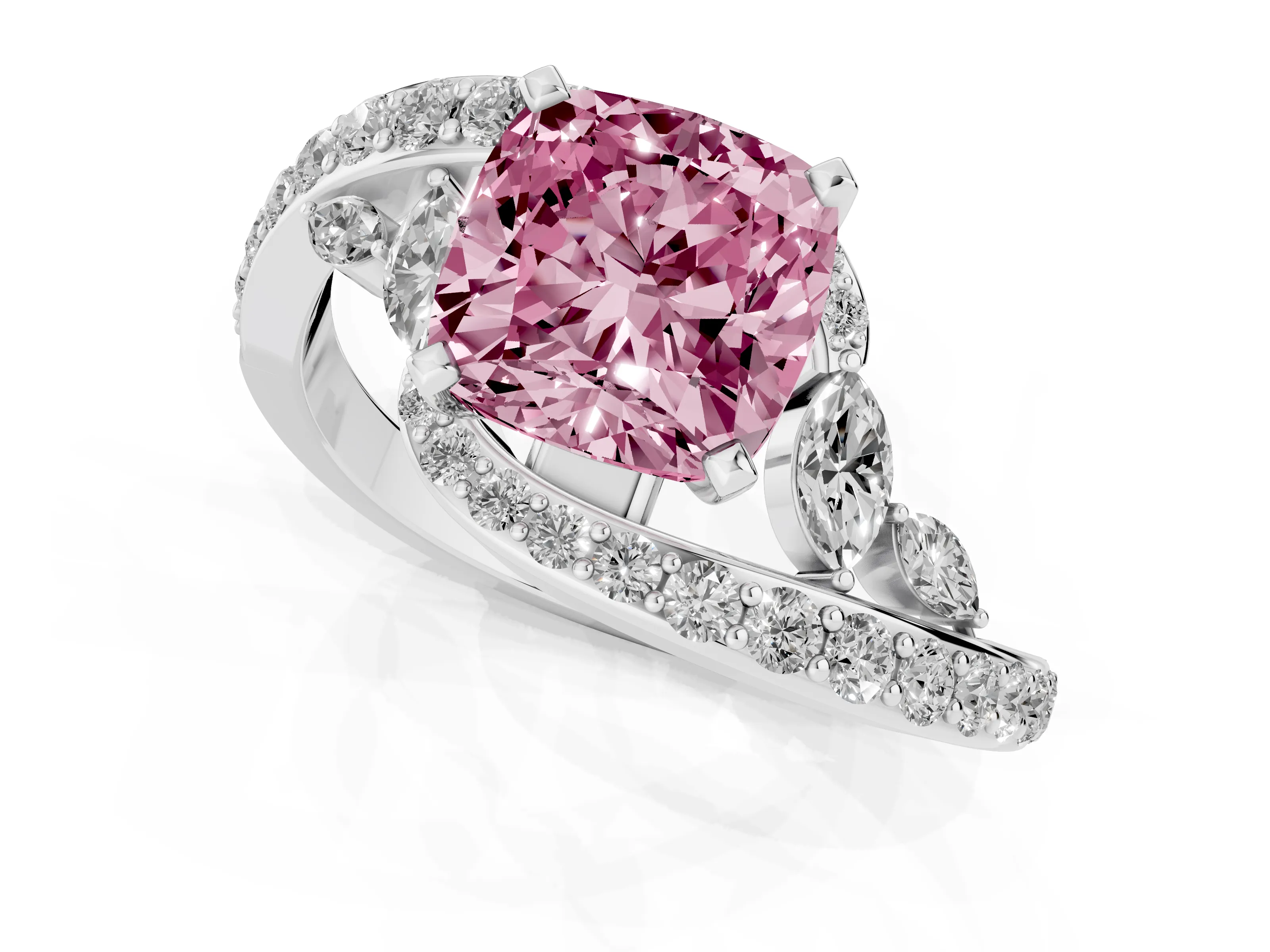 Fancy Pink Cushion Cut Diamond Solitaire Ring Set in Silver with Pavé Twist Band and Secure Prong Setting