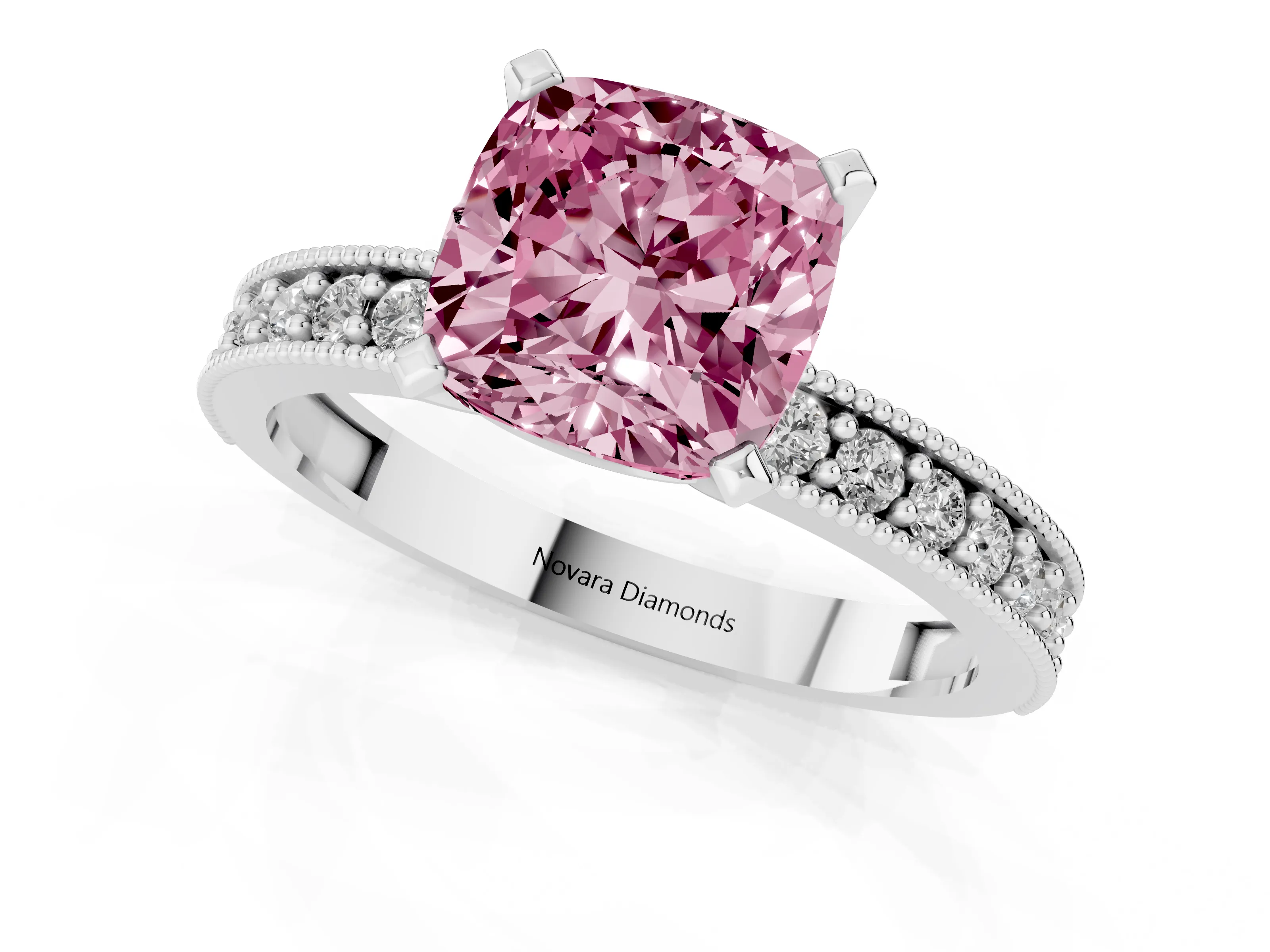 Fancy Pink Cushion Cut Diamond Milgrain Pavé Engagement Ring Set in Platinum with Prong Setting