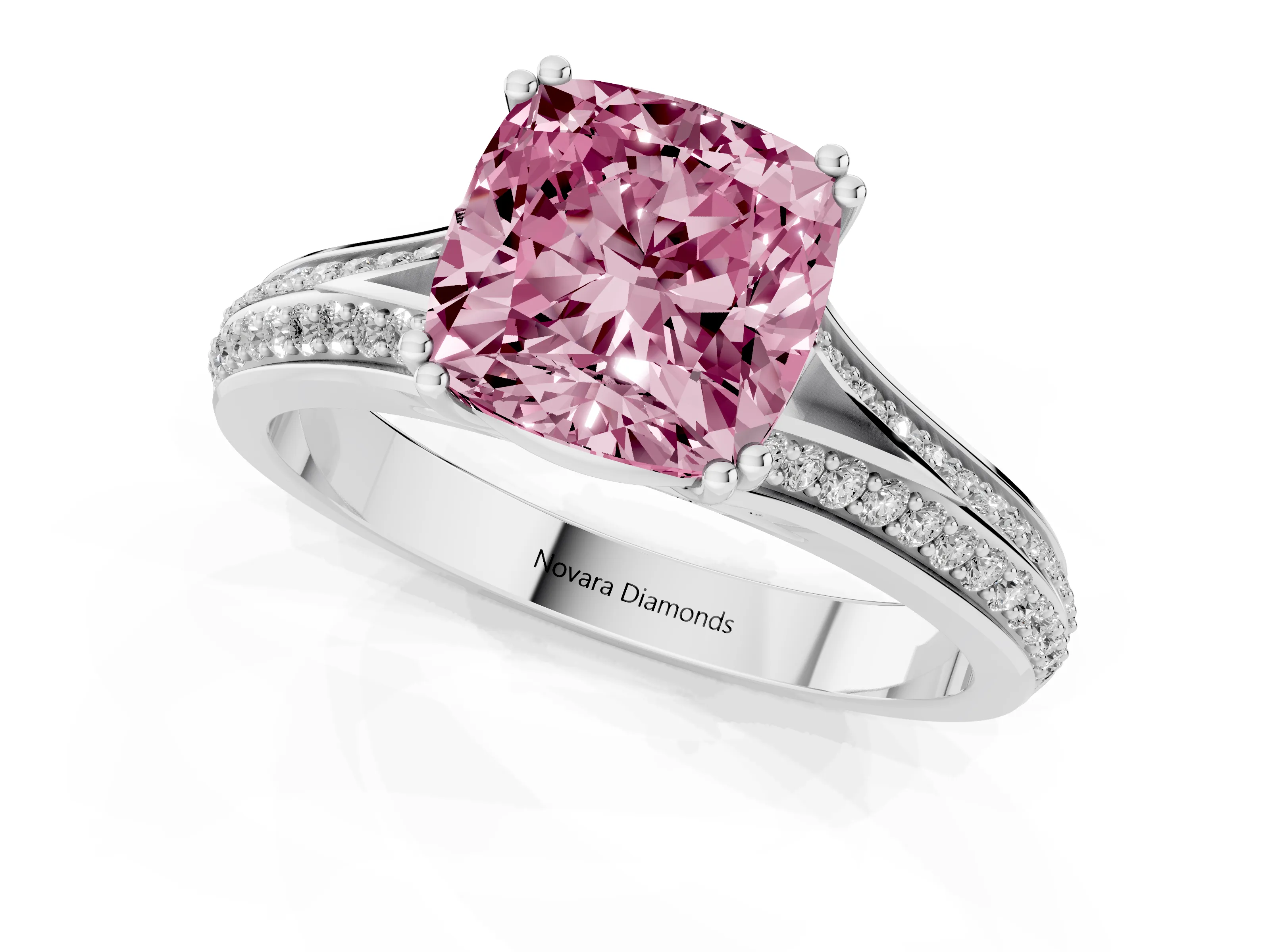 Fancy Pink Cushion Cut Diamond Split Shank Pavé Engagement Ring Set in White gold with Prong-Set Center Stone