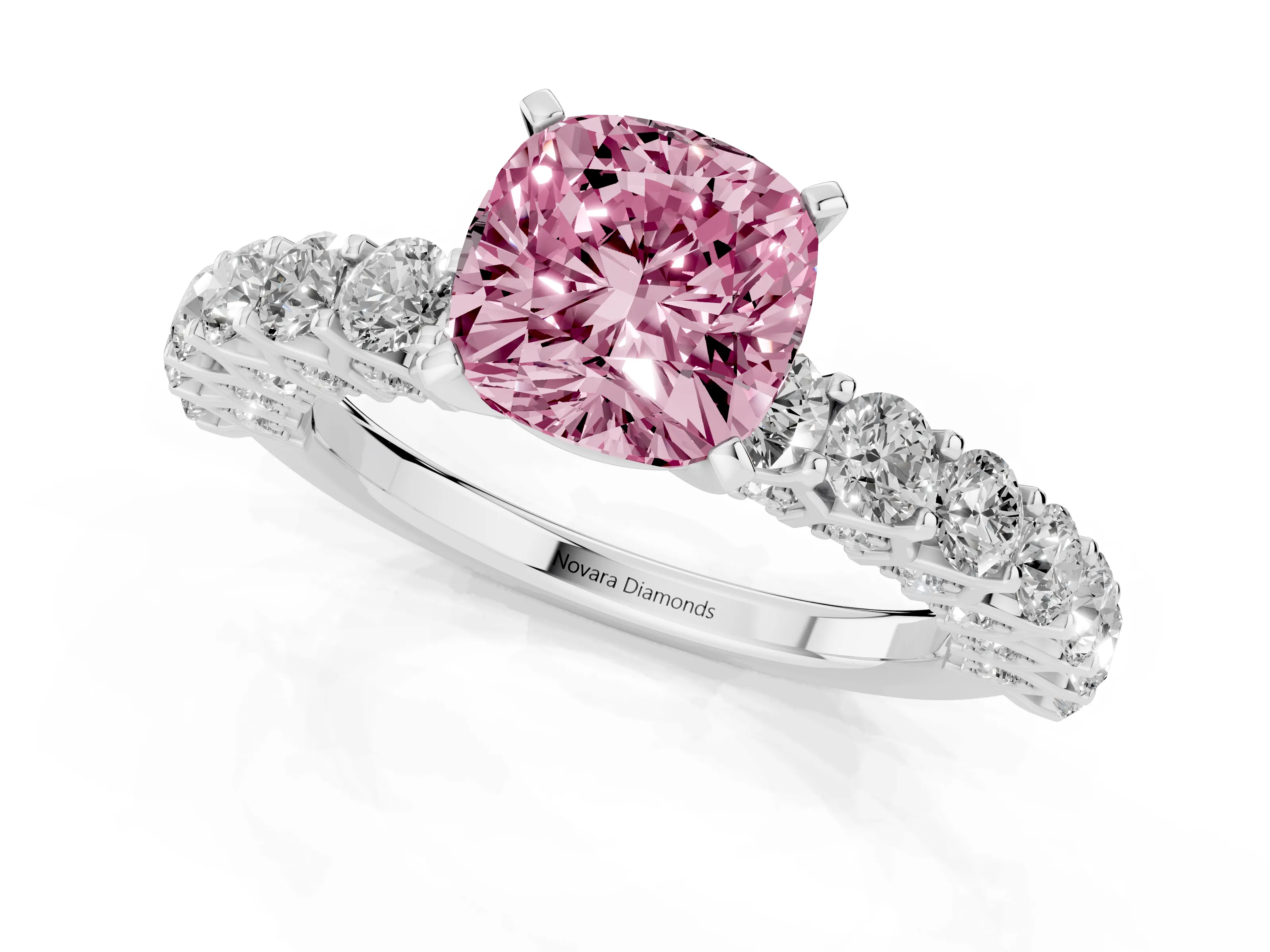 Fancy Pink Cushion Cut Diamond Solitaire Ring Set in Silver with Shared Prong Pavé Band
