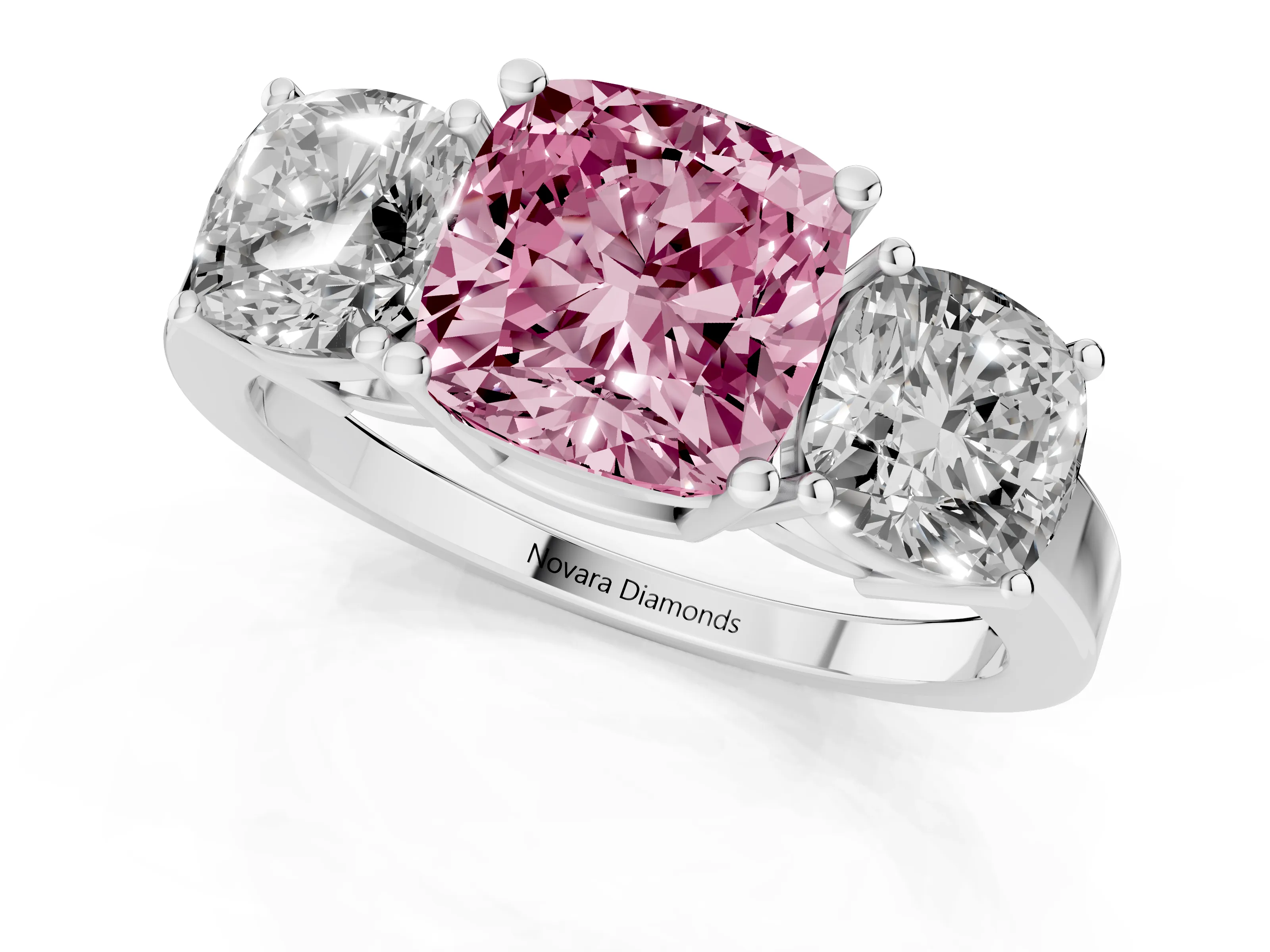 Fancy Pink Cushion Cut Diamond Three-Stone Engagement Ring Set in Silver with Flat Band
