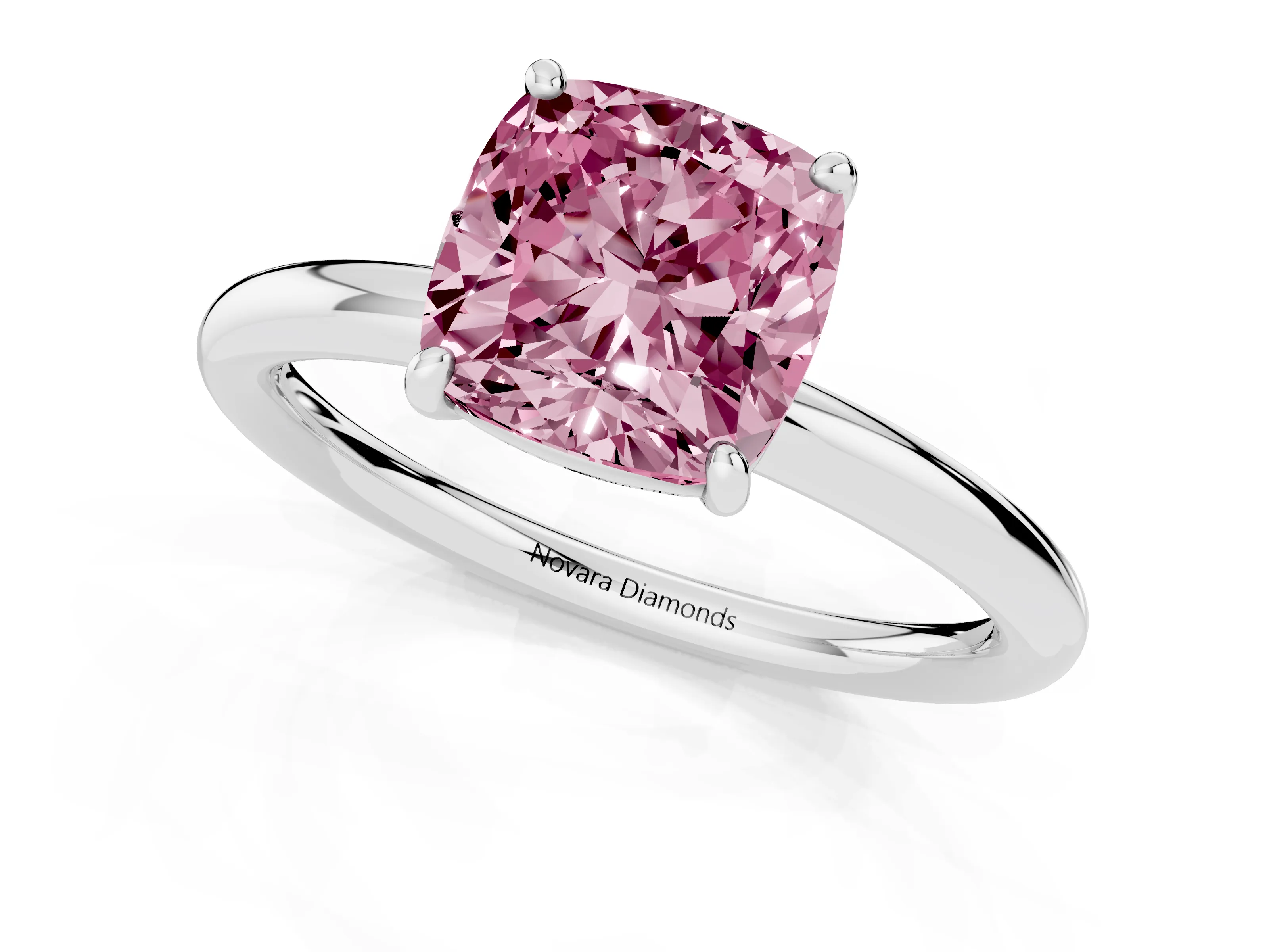 Fancy Pink Cushion Cut Diamond Solitaire Ring Set in Silver with Prong Setting on a Polished Plain Band