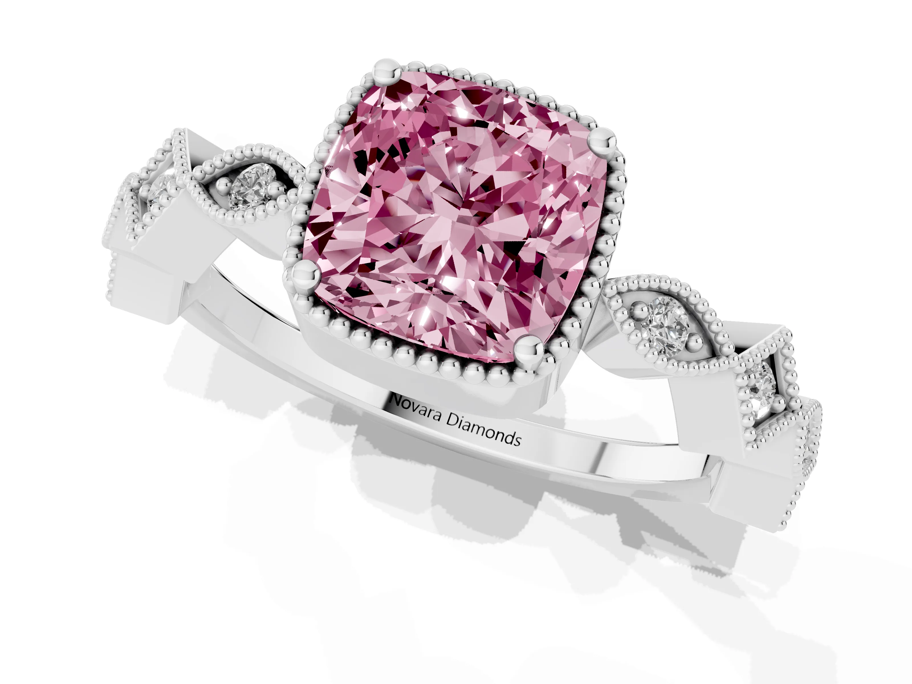 Fancy Pink Cushion Cut Diamond Milgrain Marquise Twist Band Ring Set in White gold with Prong Setting