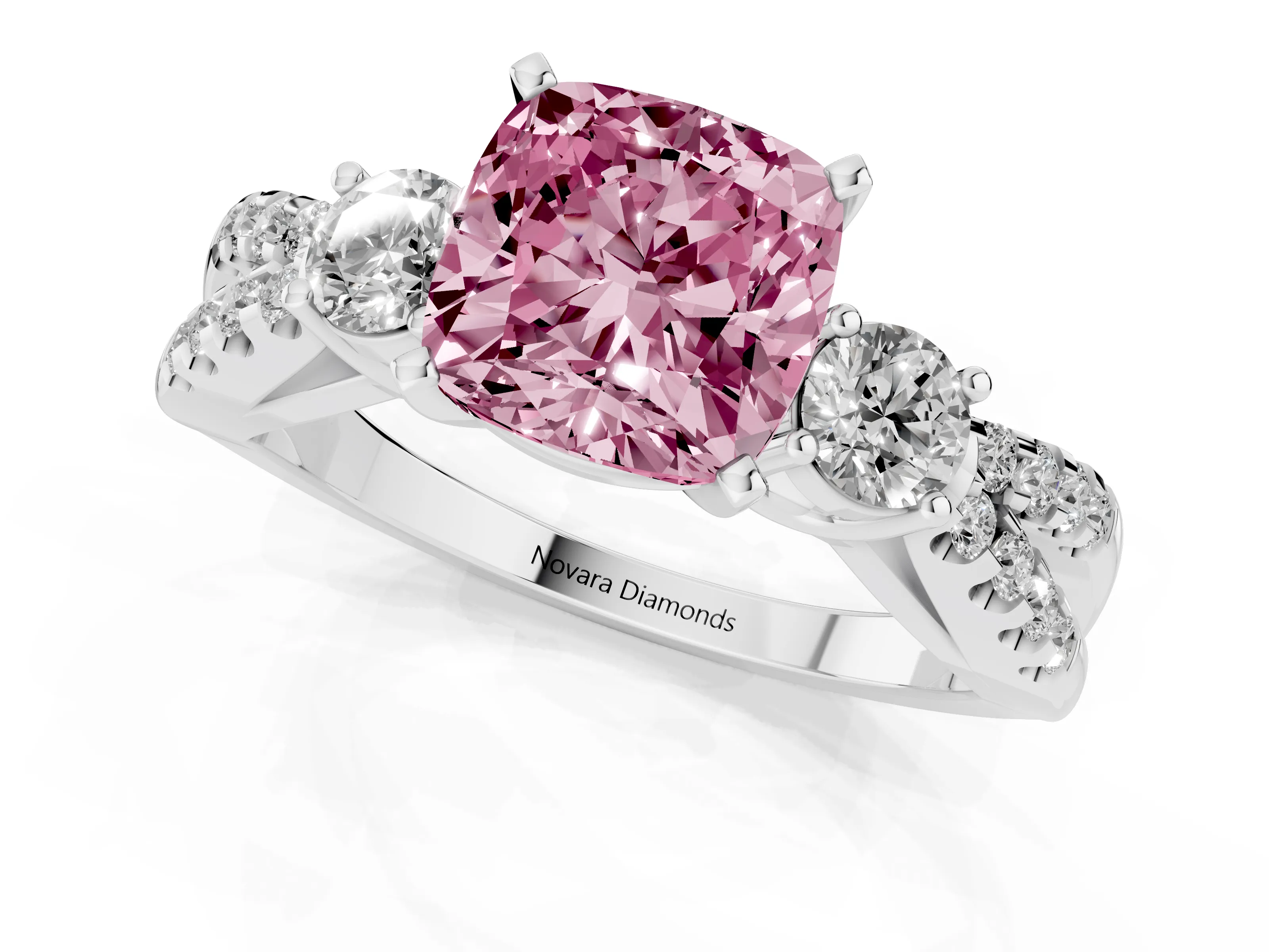 Fancy Pink Cushion Cut Diamond Three-Stone Ring Set in Silver with Pavé Split Shank and Prong Setting