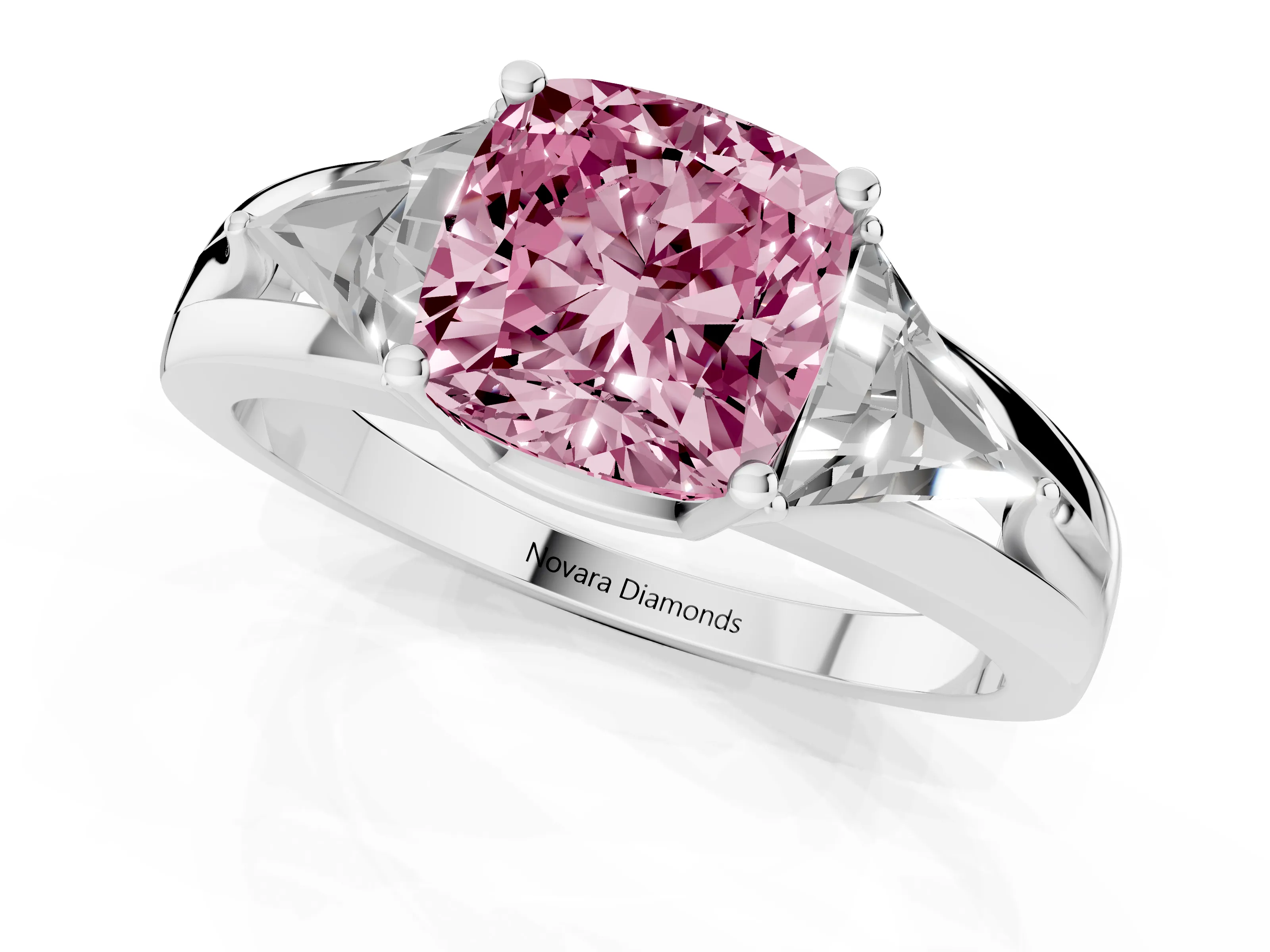 Fancy Pink Cushion Cut Diamond Three-Stone Ring Set in White gold with Trillion Side Stones and Split Shank
