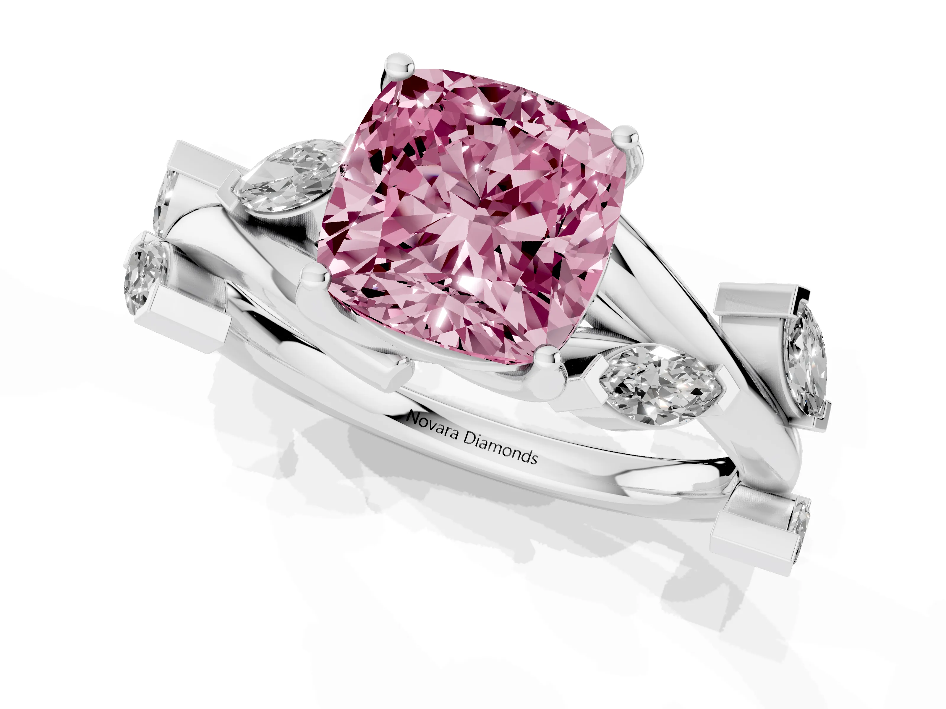 Fancy Pink Cushion Cut Diamond Solitaire Ring Set in Platinum with Twisted Marquise Accent Band