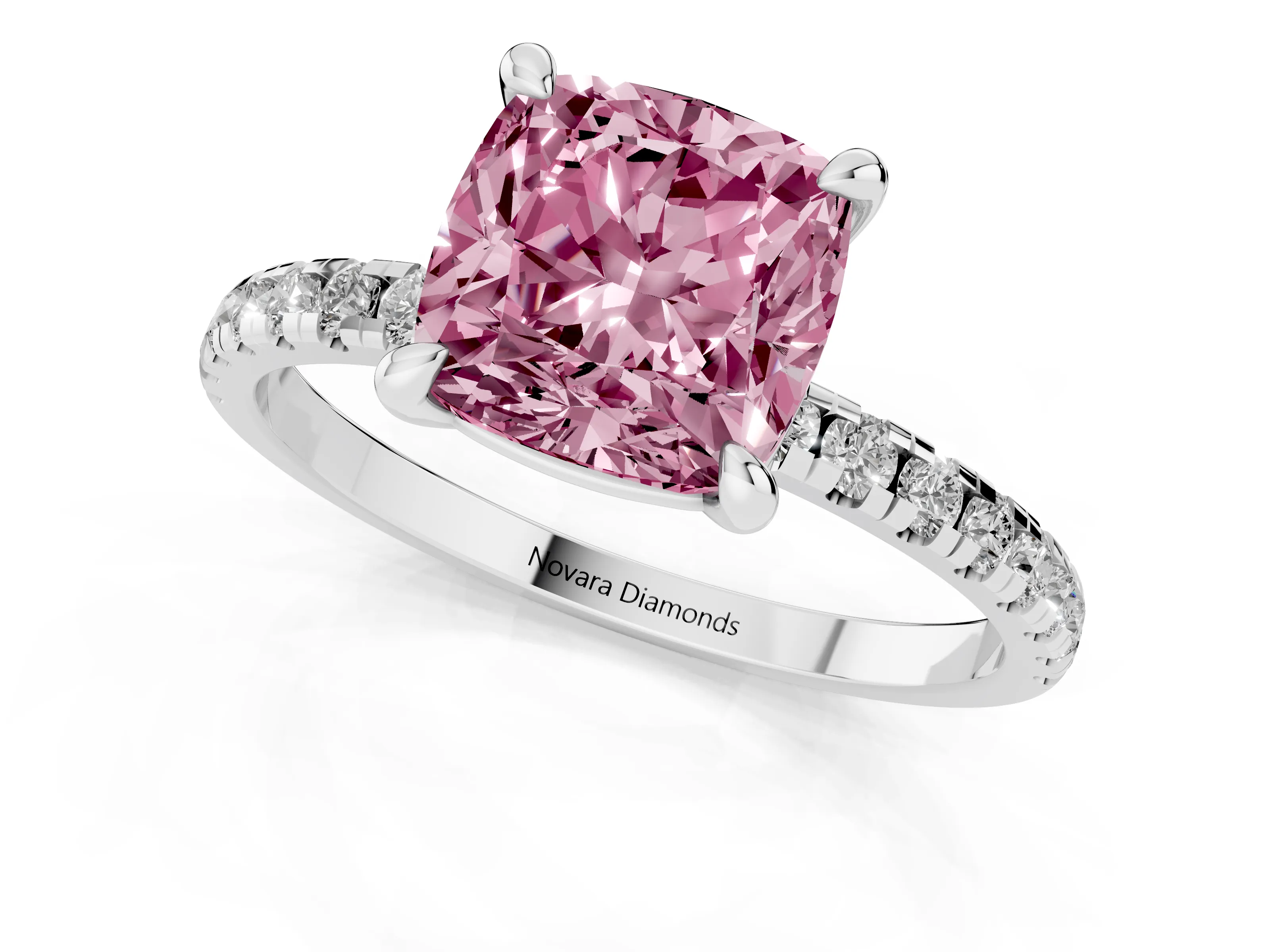 Fancy Pink Cushion Cut Diamond Brilliant Solitaire Ring Set in Silver with Pavé Band and Prong Setting