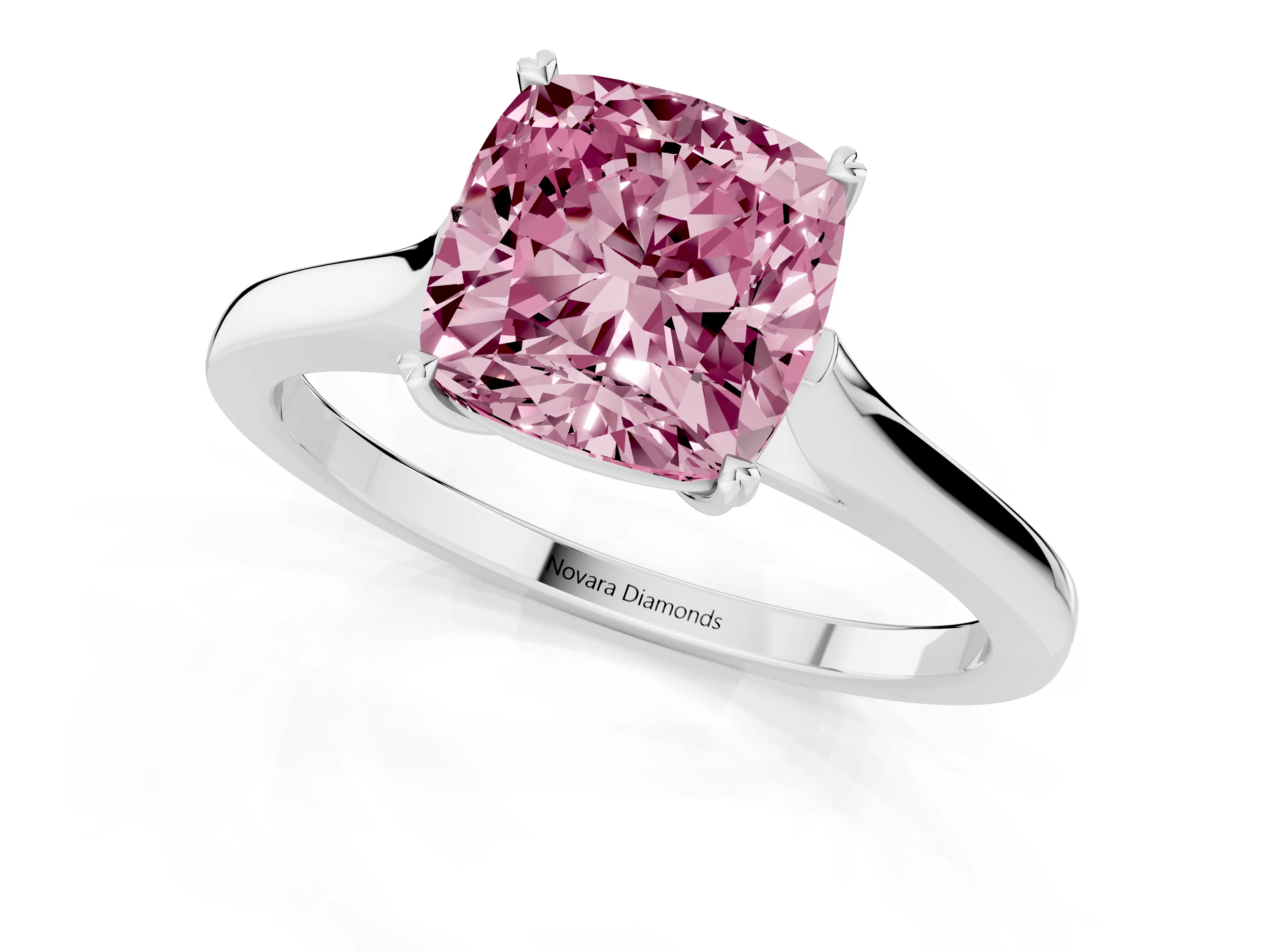 Fancy Pink Cushion Cut Diamond Solitaire Heart Prong Engagement Ring Set in Silver with Tapered Band