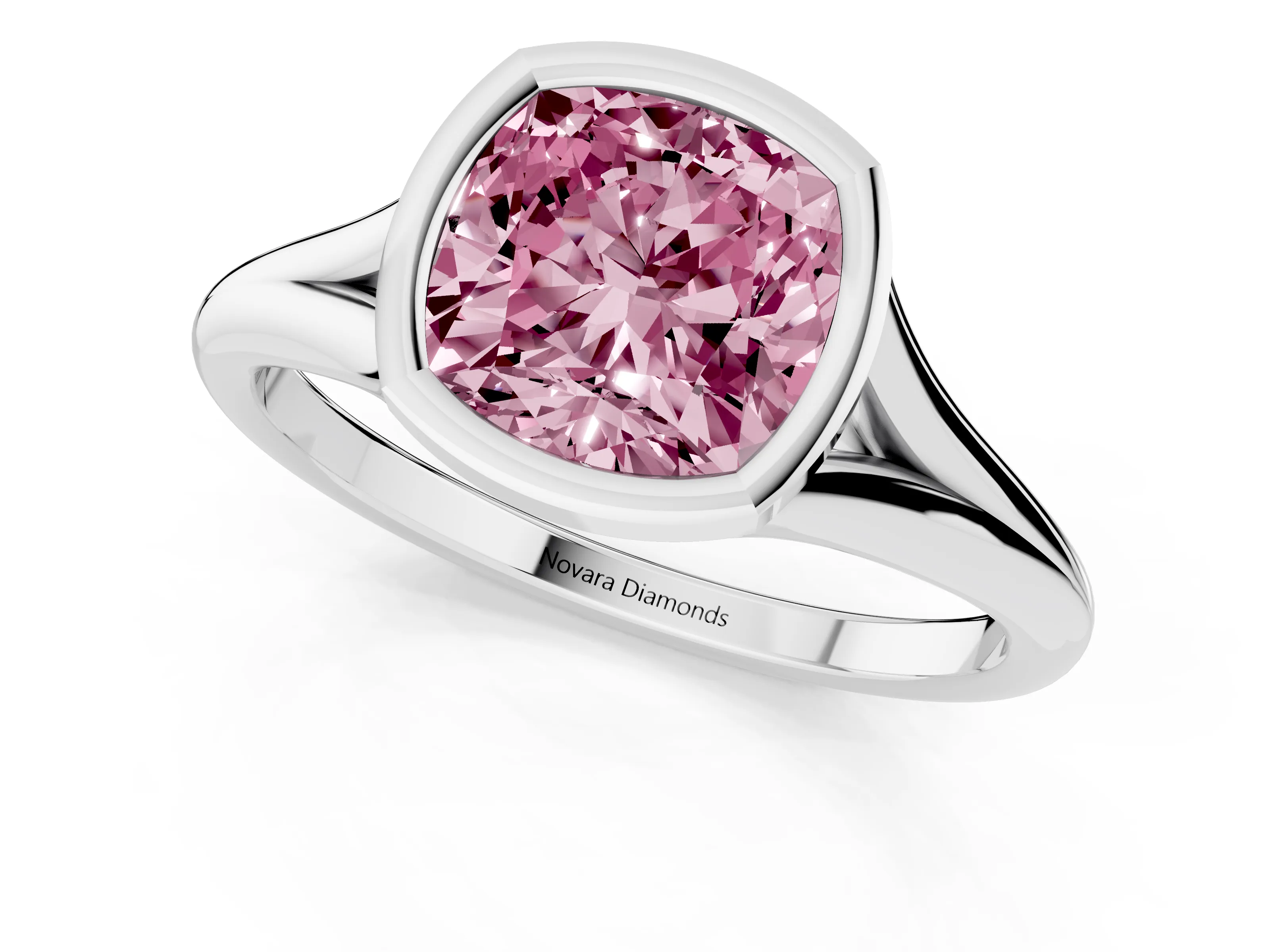 Fancy Pink Bezel Set Cushion Cut Diamond Solitaire Ring Set in Silver with Tapered Band
