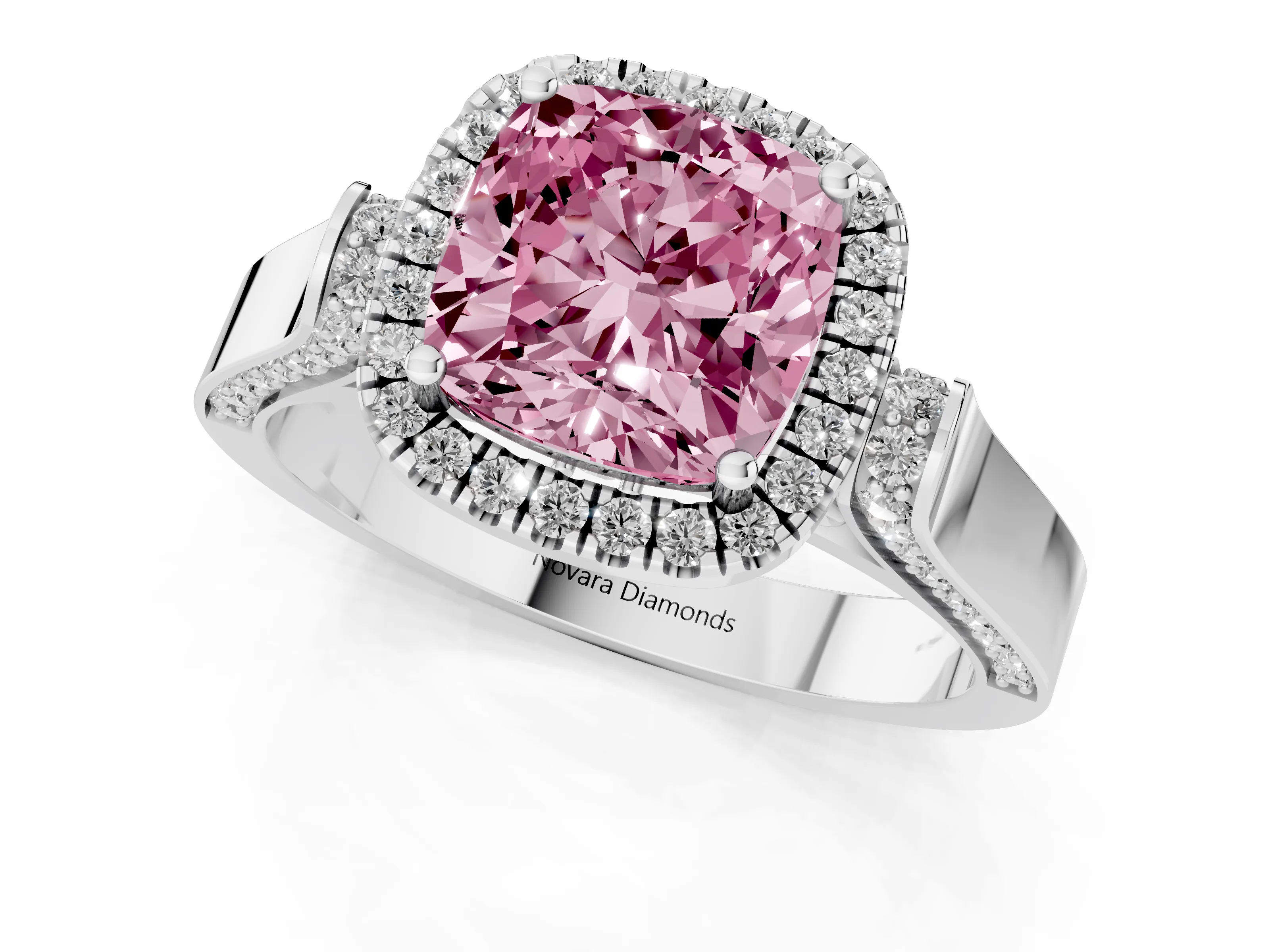 Fancy Pink Cushion Cut Diamond Halo Ring Set in Platinum with Pavé-Lined Split Shank Band