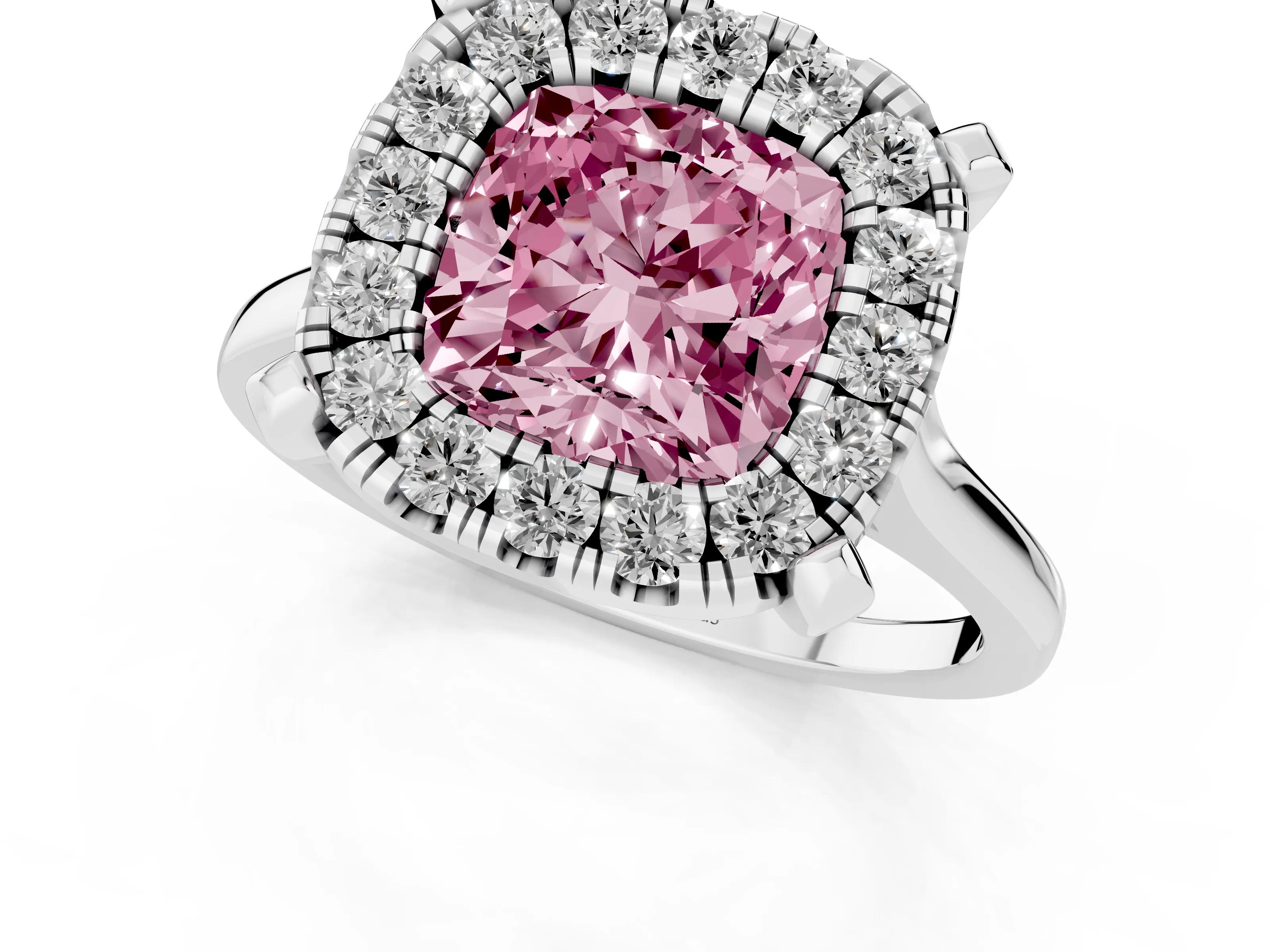 Fancy Pink Cushion Cut Diamond Cluster Halo Solitaire Ring Set in Silver with Prong Setting