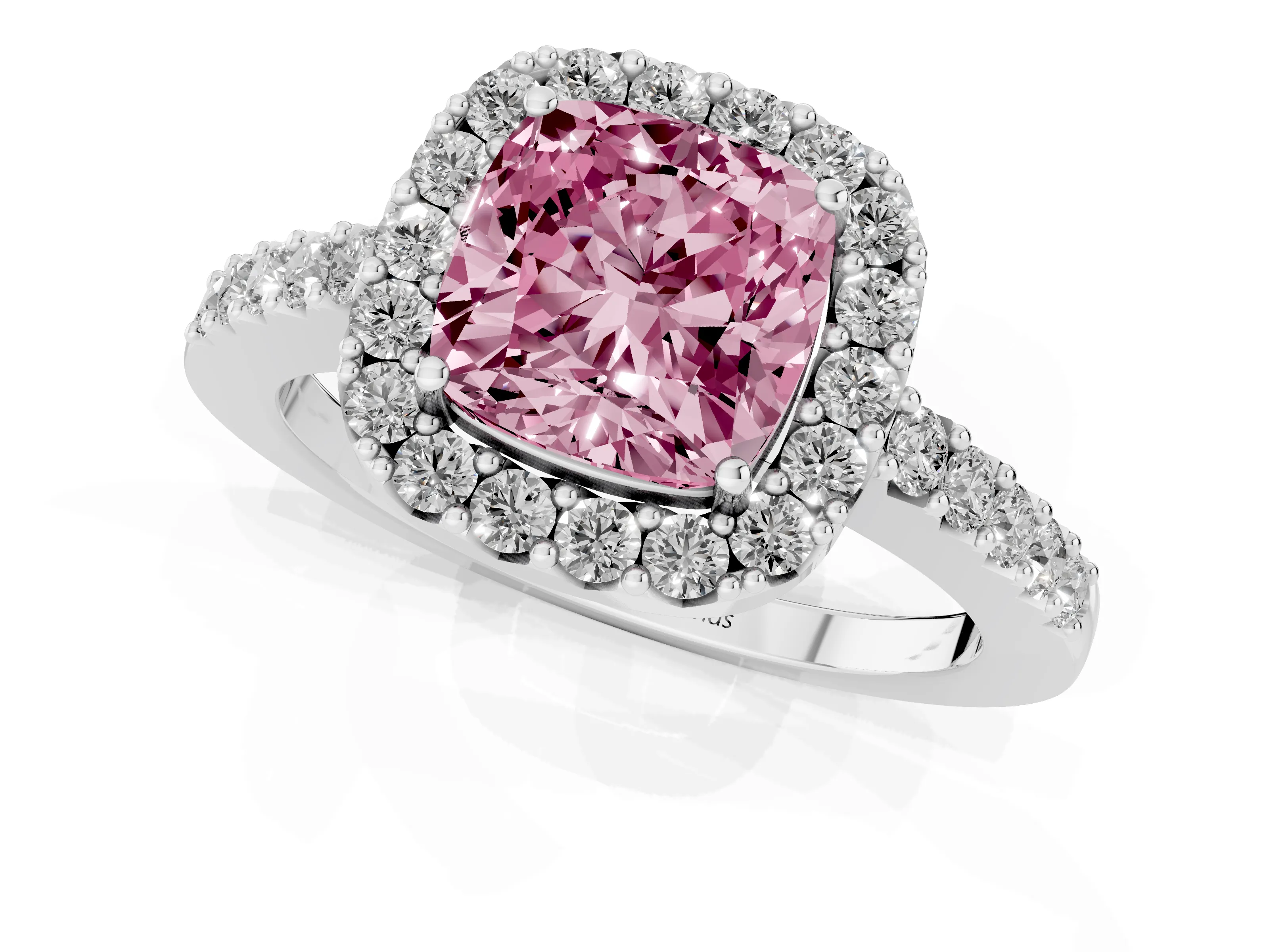 Fancy Pink Cushion Cut Diamond Halo Pavé Solitaire Ring Set in Silver with Prong-Set Center Stone