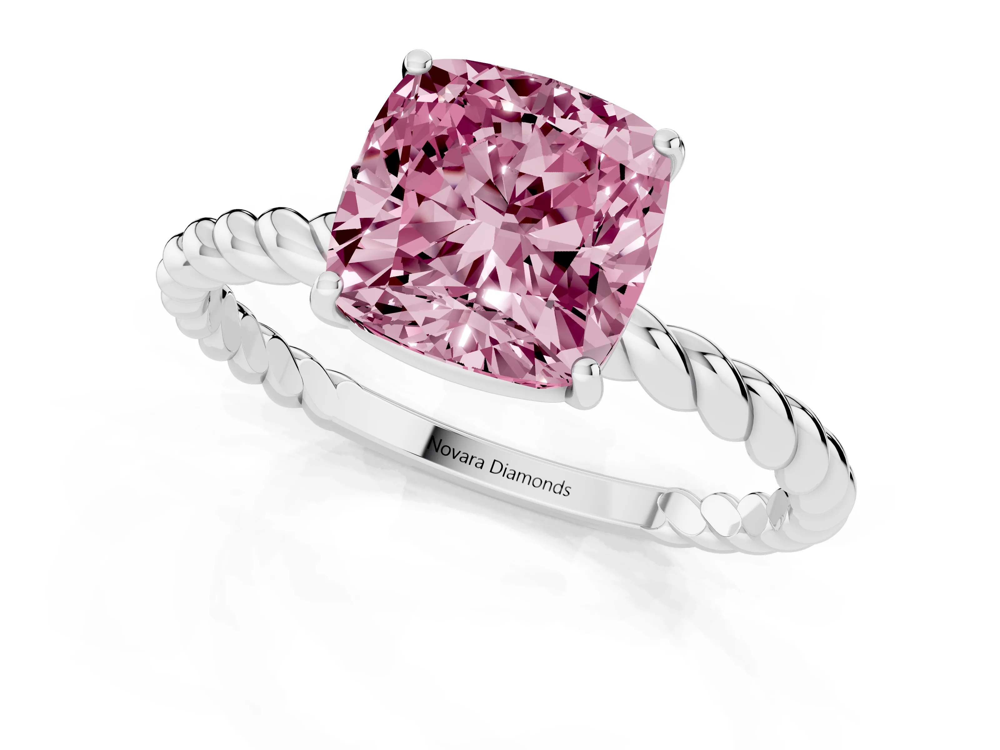 Fancy Pink Cushion Cut Diamond Solitaire Ring Set in White gold with Twist Band and Prong Setting