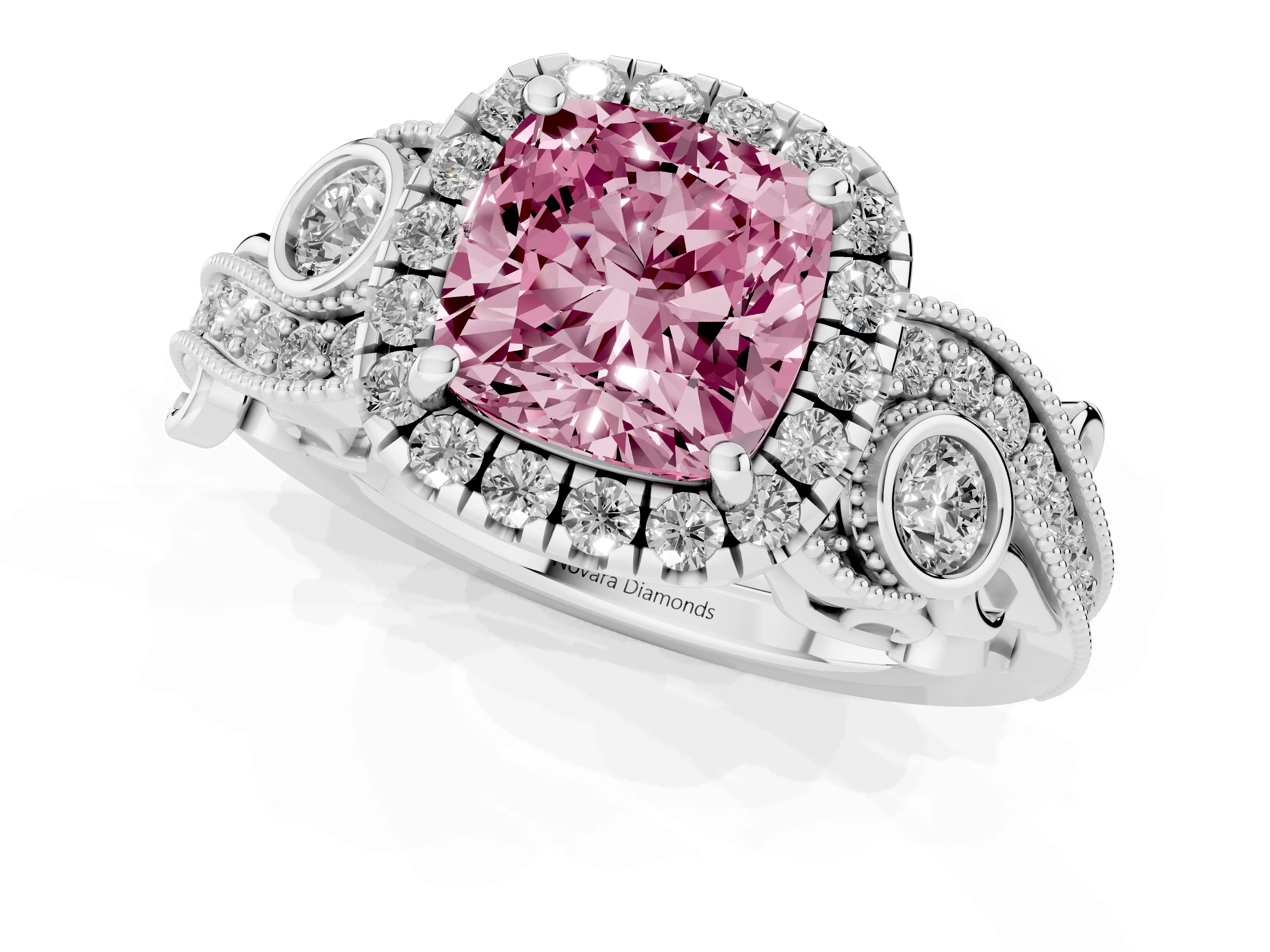 Fancy Pink Cushion Cut Diamond Halo Ring Set in Platinum with Milgrain Pavé Band and Prong Setting