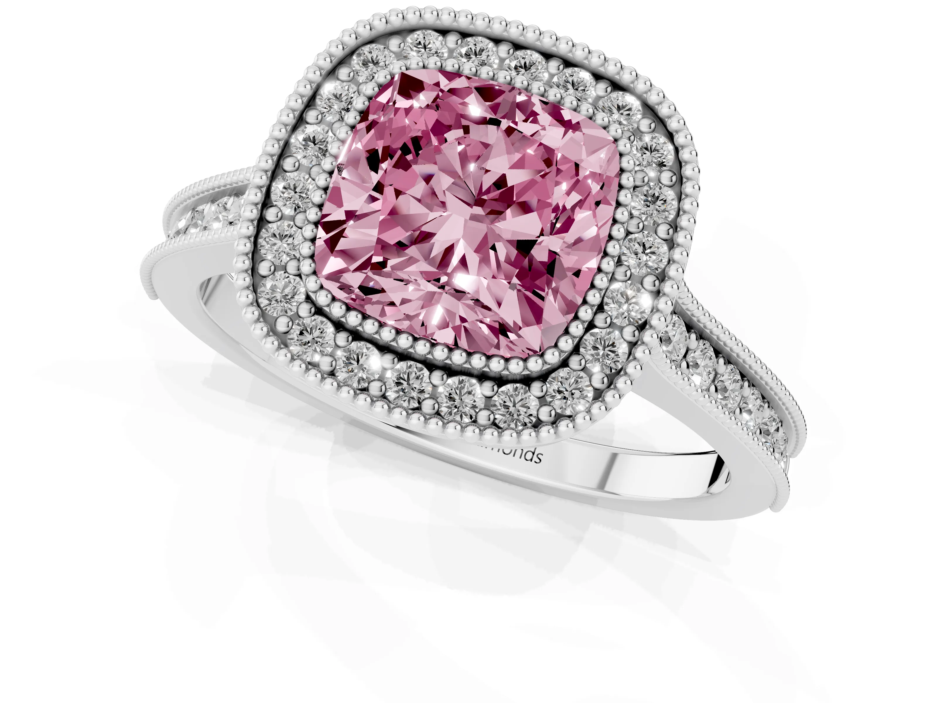 Fancy Pink Cushion Cut Diamond Halo Milgrain Pavé Band Ring Set in Silver with Prong Setting