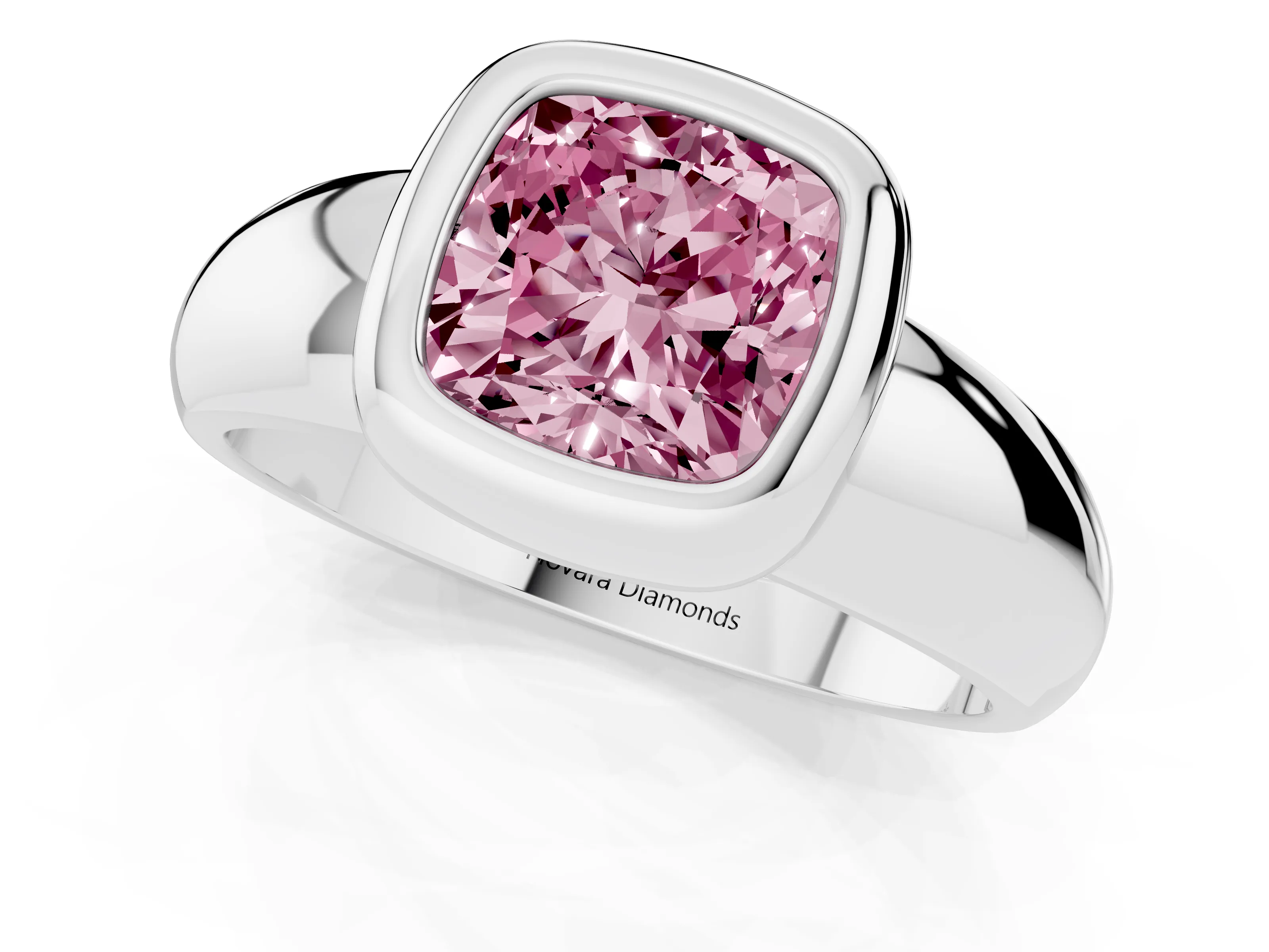 Fancy Pink Bezel Set Cushion Cut Diamond Solitaire Ring Set in Silver with Wide Band