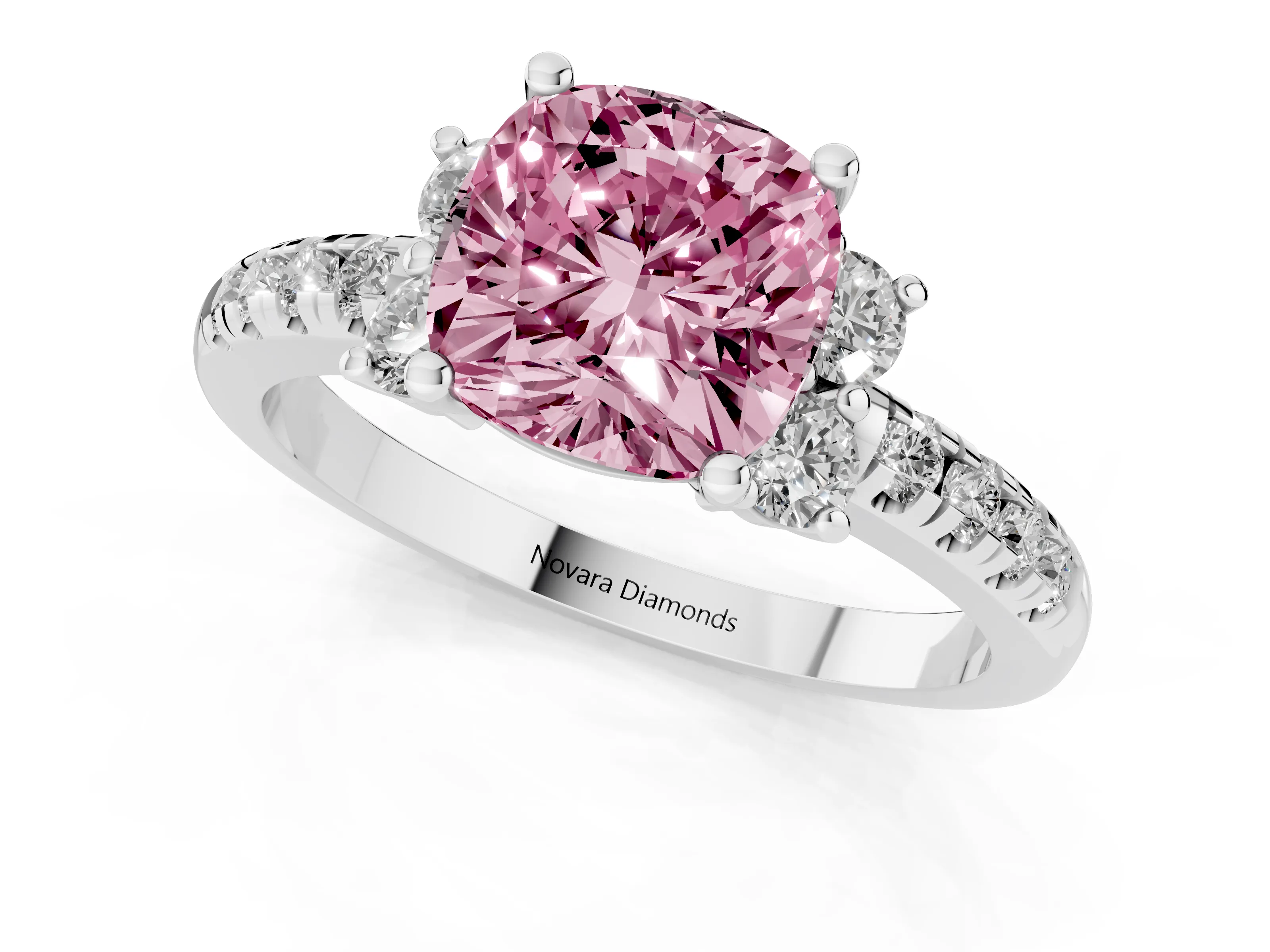 Fancy Pink Cushion Cut Diamond Three-Stone Pavé Ring Set in Silver with Prong Setting
