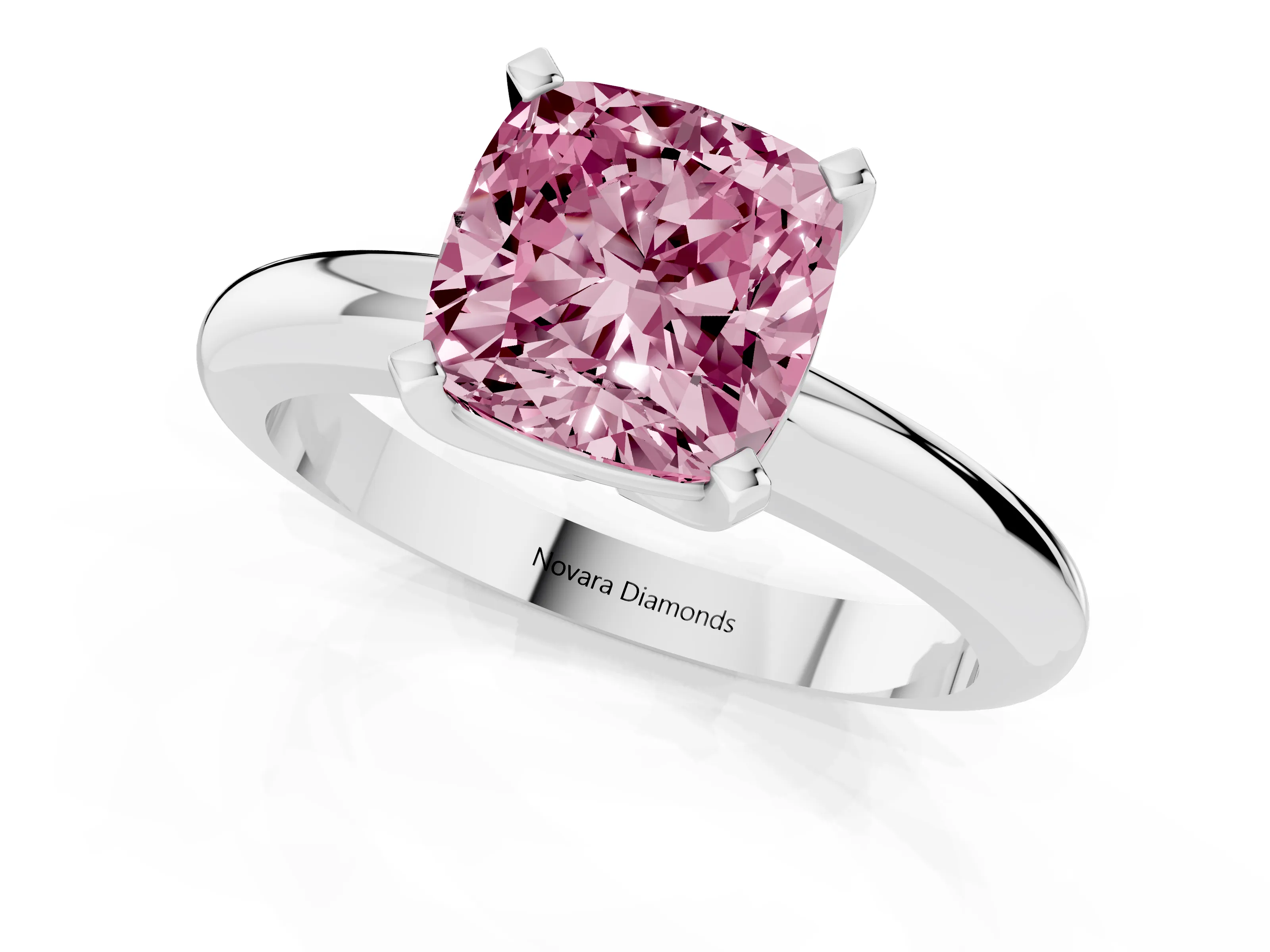 Fancy Pink Cushion Cut Diamond Solitaire Engagement Ring Set in White gold with Round Band and Prong Setting