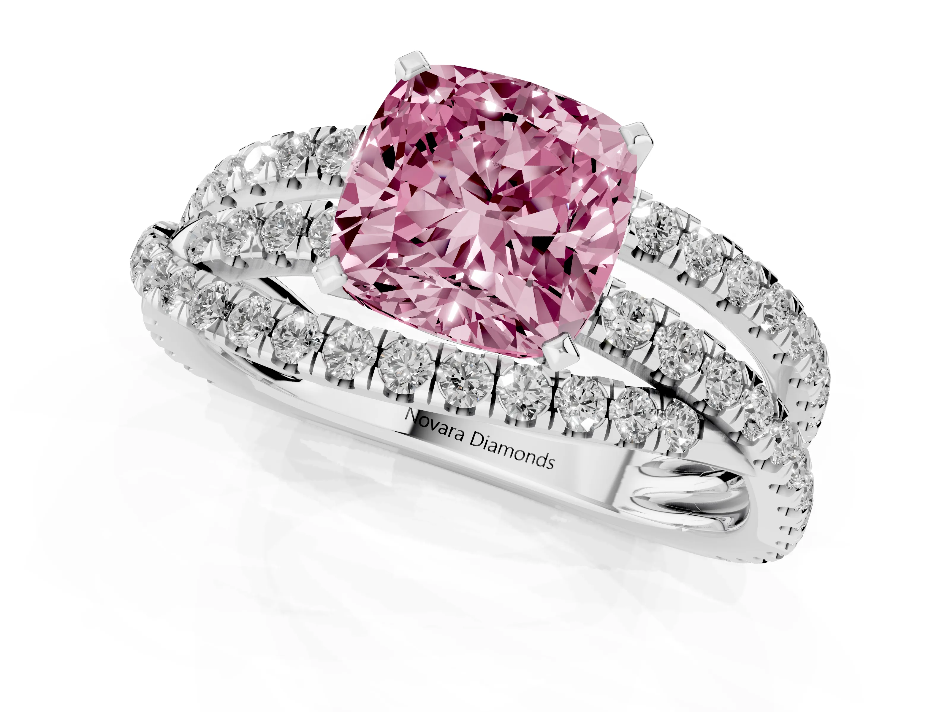Fancy Pink Cushion Cut Diamond Solitaire Twist Band Ring Set in Platinum with Pavé Setting and Prong Head
