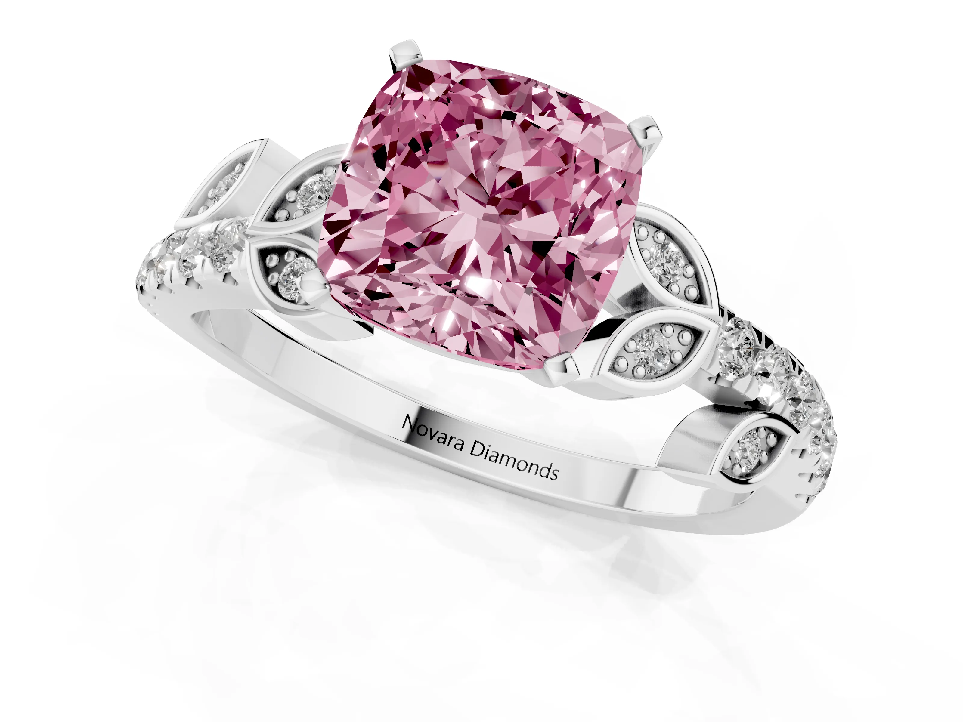 Fancy Pink Cushion Cut Diamond Solitaire Leaf-Inspired Ring Set in Silver with Pavé Band and Prong Setting