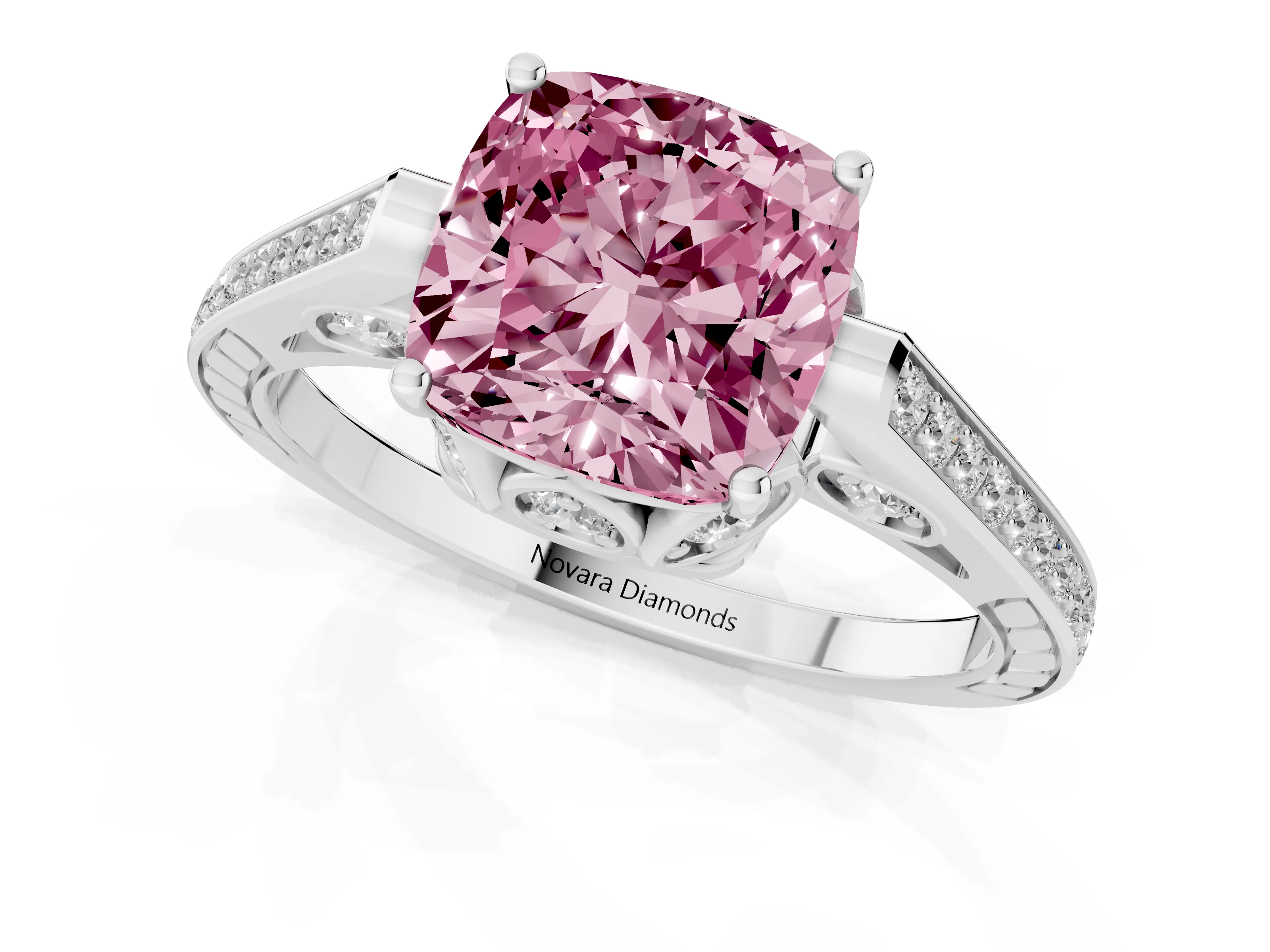 Fancy Pink Cushion Cut Diamond Cathedral Pavé Engagement Ring Set in Platinum with Prong Setting
