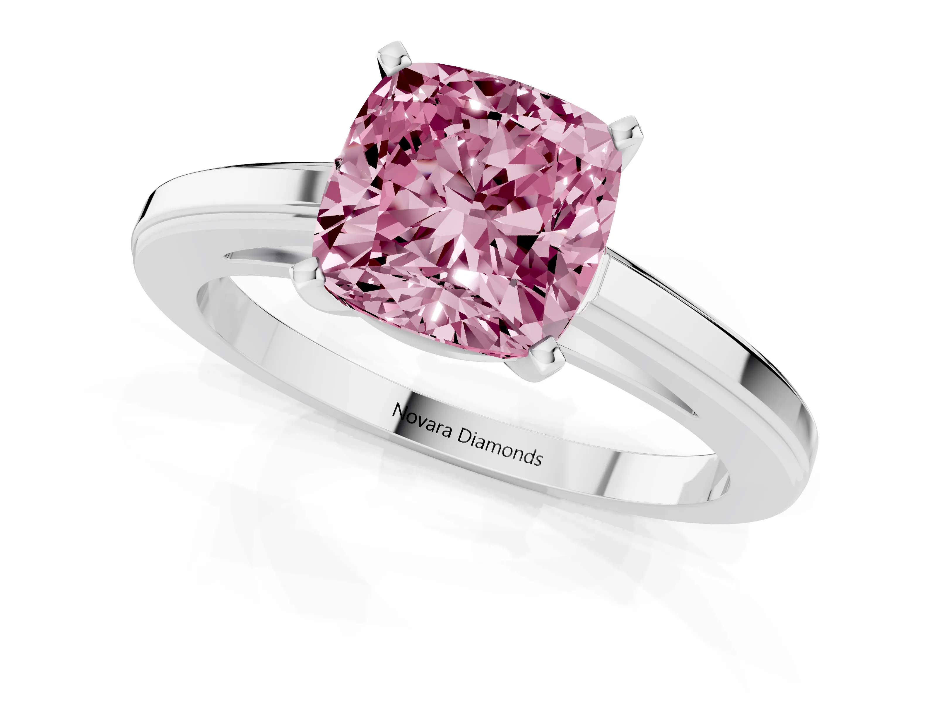 Fancy Pink Cushion Cut Diamond Solitaire Ring Set in White gold with Prong Setting and Classic Band