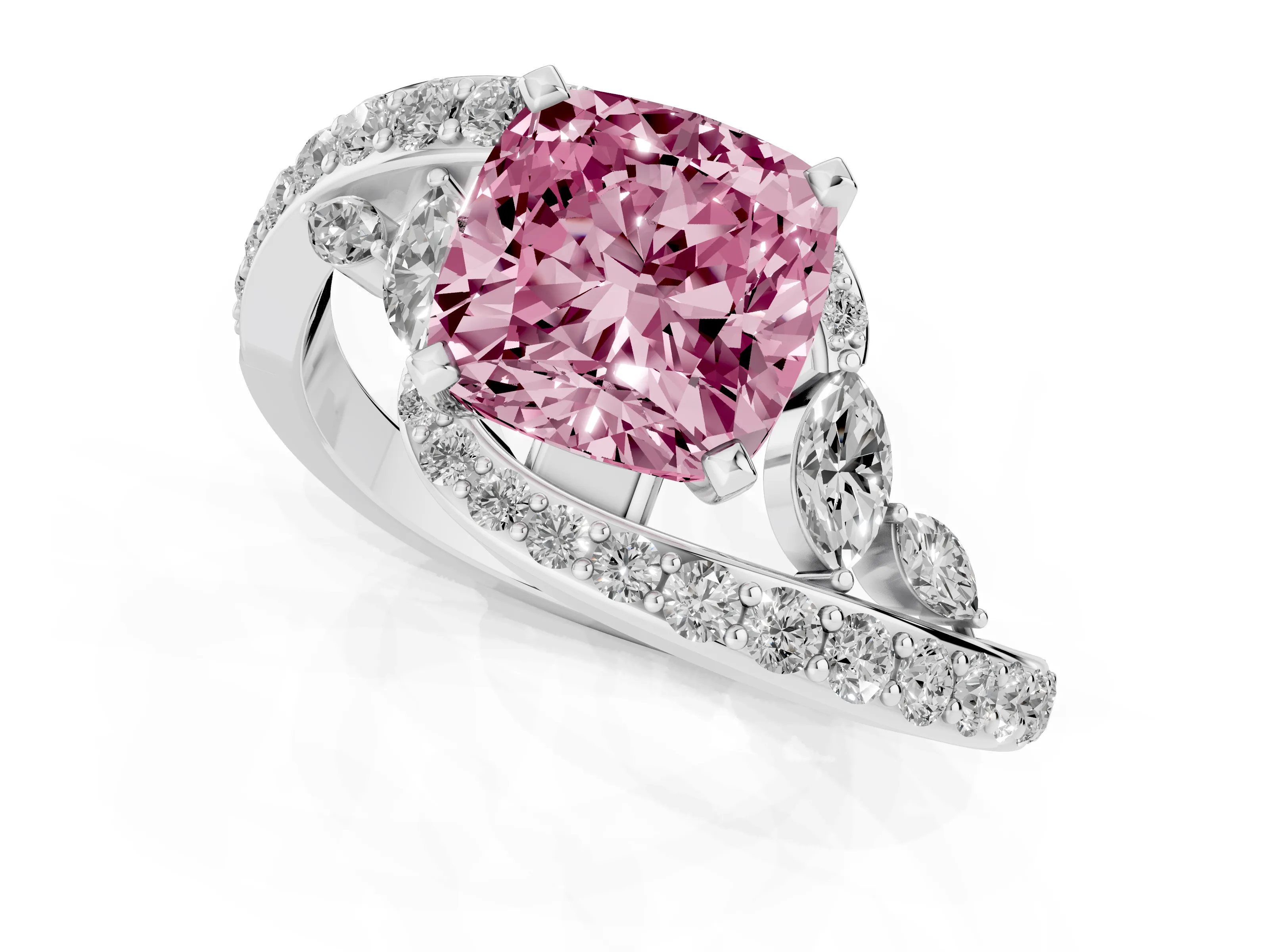 Fancy Pink Cushion Cut Diamond Solitaire Ring Set in Platinum with Filigree Band and Prong Setting