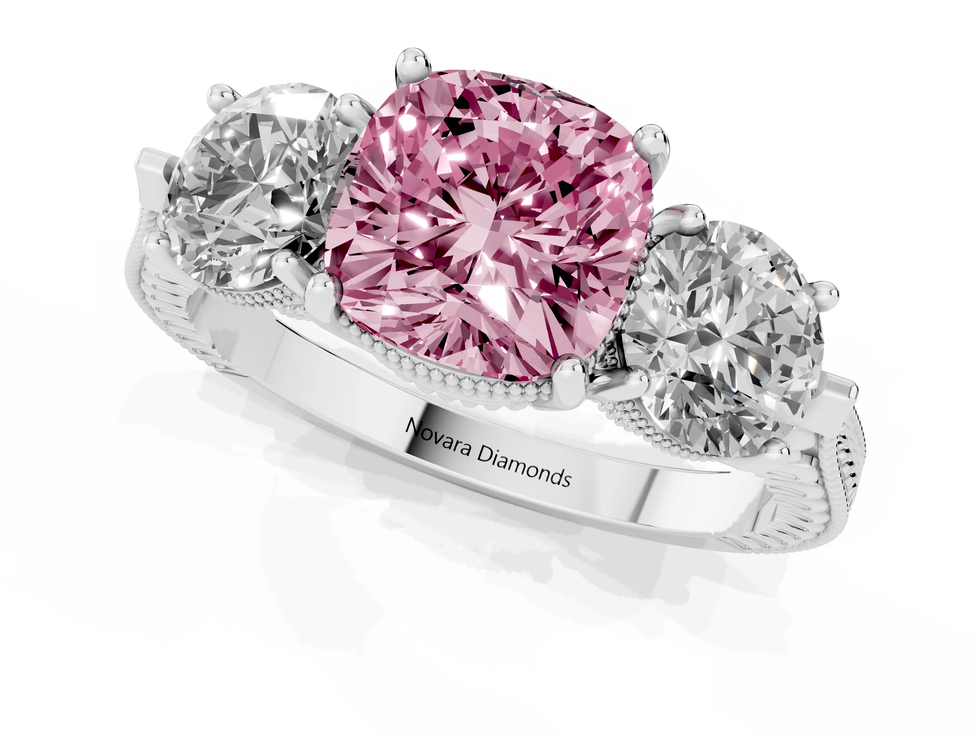 Fancy Pink Cushion Cut Diamond Three-Stone Ring Set in Silver with Milgrain Band