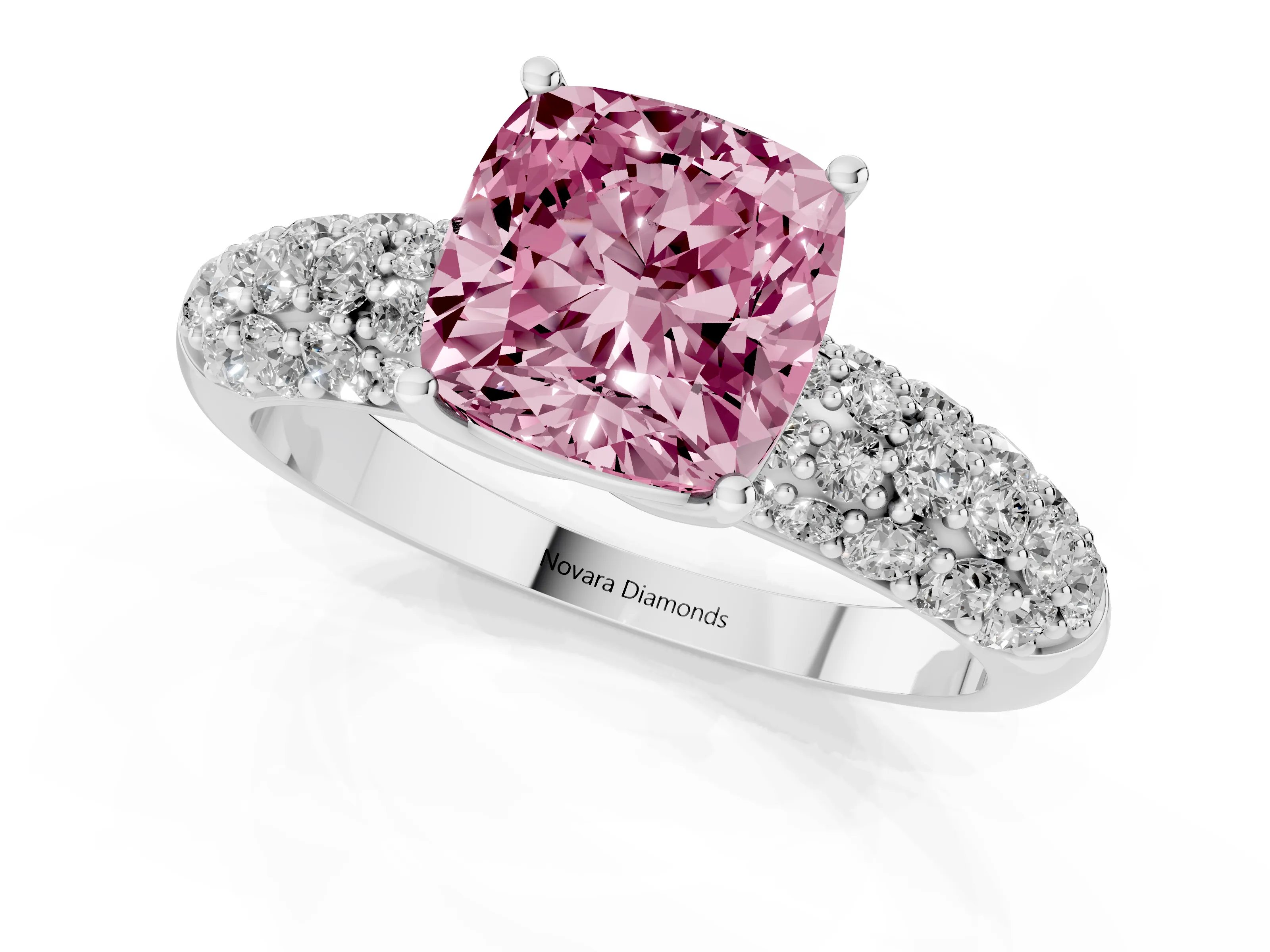 Fancy Pink Cushion Cut Diamond Pavé Band Solitaire Ring Set in White gold with Close-Set Accent Stones and Prong Setting