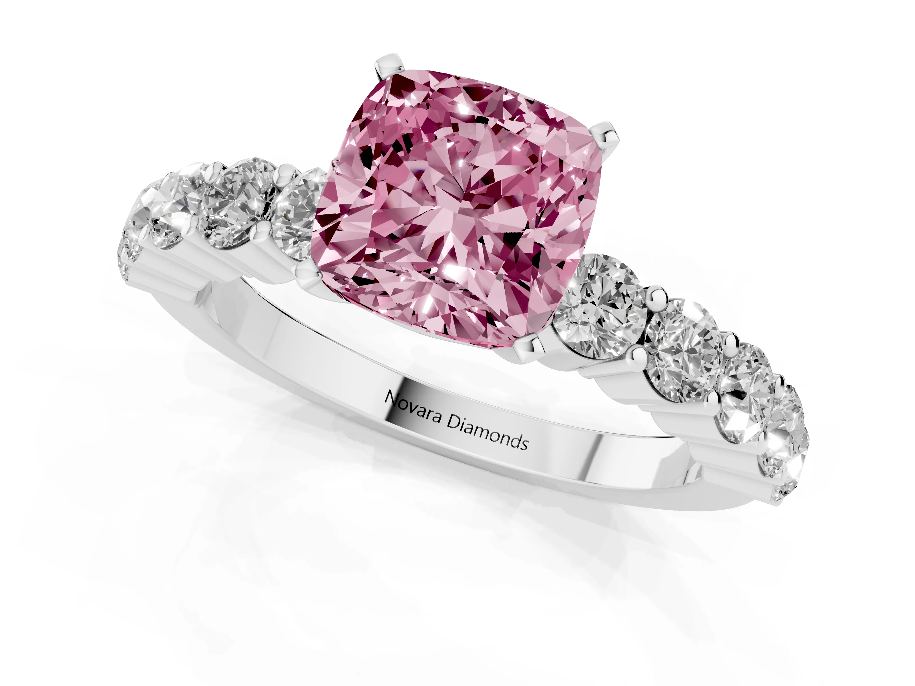 Fancy Pink Cushion Cut Diamond Solitaire Ring Set in Silver with Shared Prong Round Side Stones