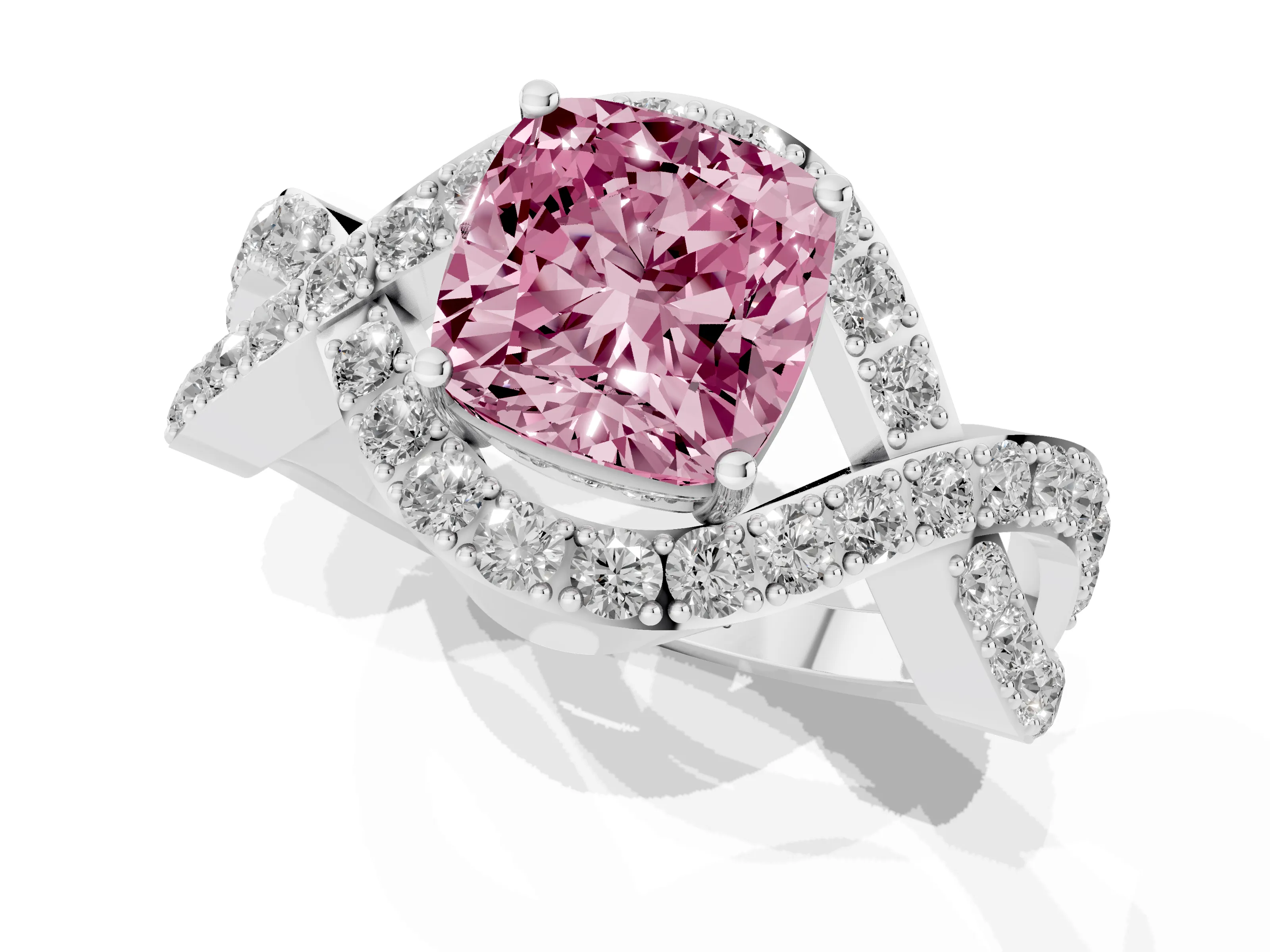 Fancy Pink Cushion Cut Diamond Solitaire Twist Band Pavé Engagement Ring Set in Platinum