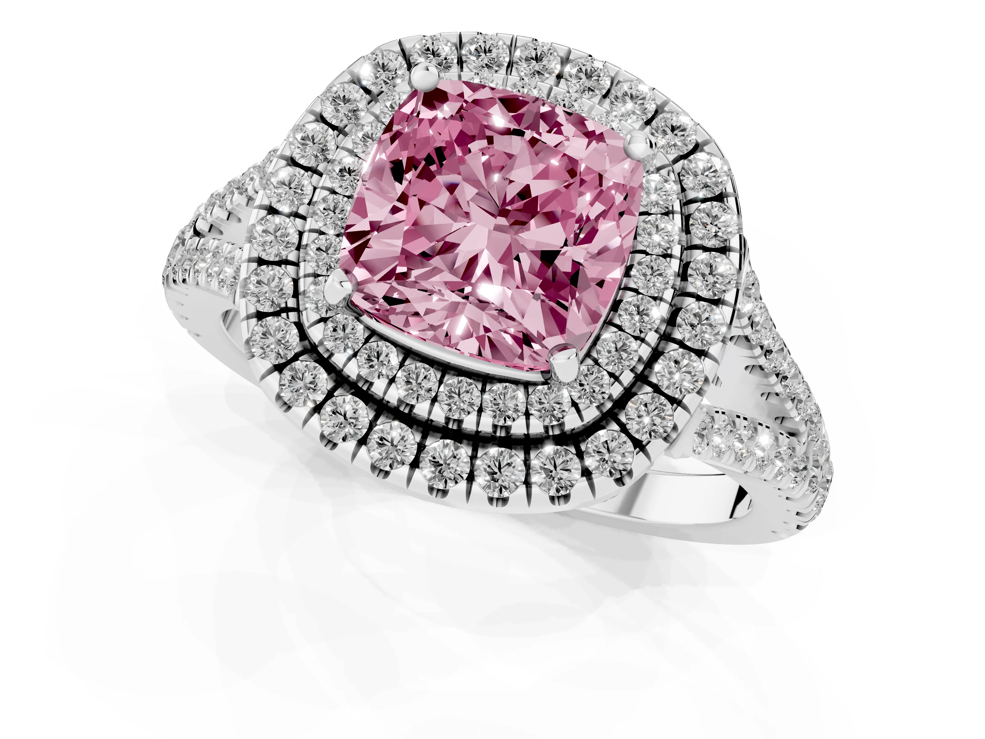 Fancy Pink Cushion Cut Diamond Double Halo Ring Set in Platinum with Pavé Band