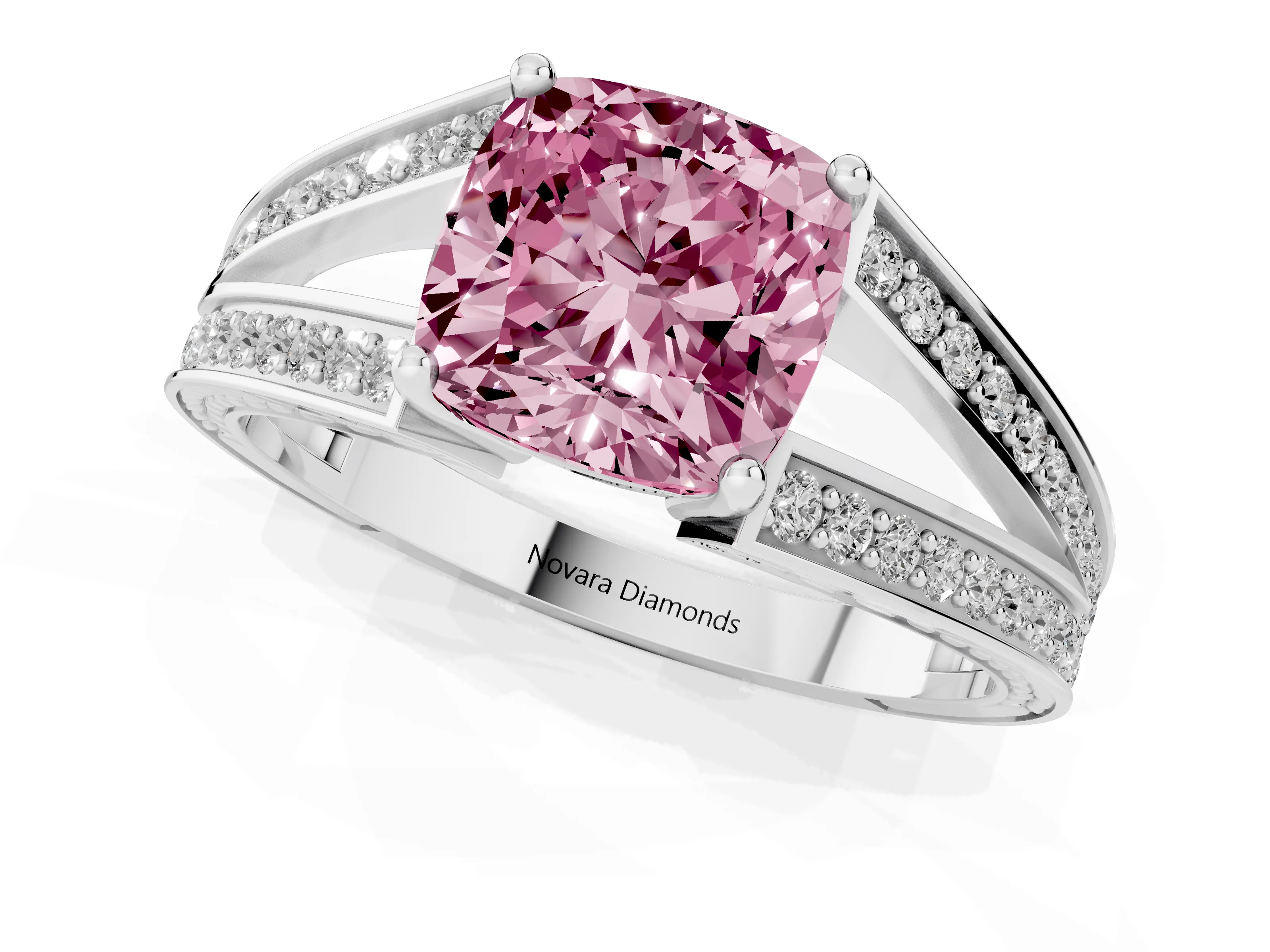 Fancy Pink Cushion Cut Diamond Split Shank Ring Set in Platinum with Pavé Band and Prong Setting