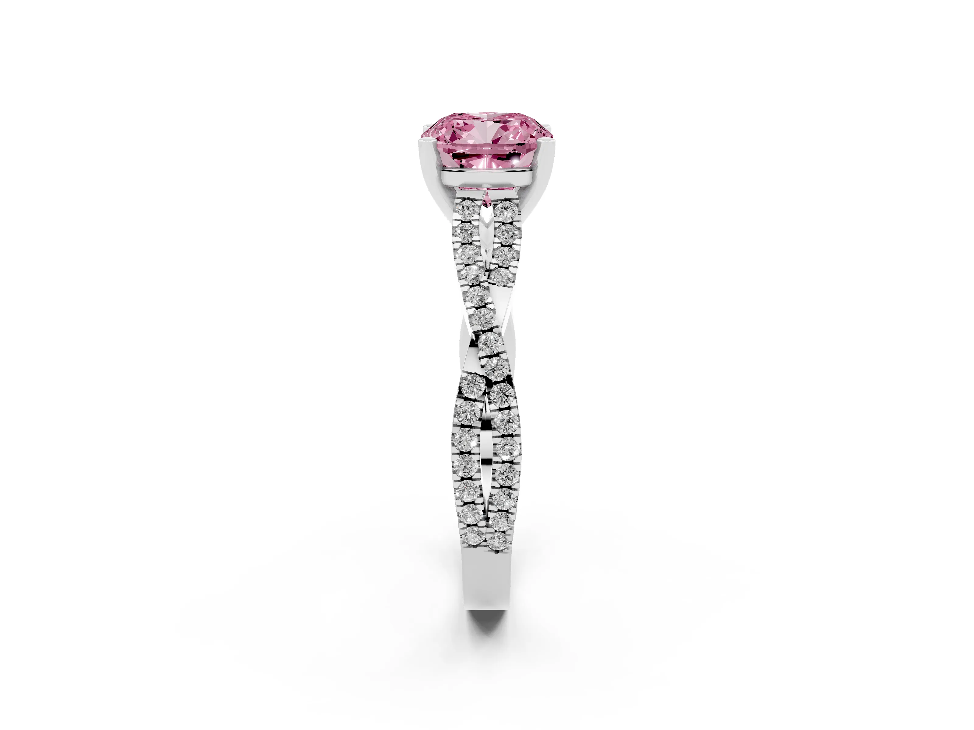 Fancy Pink Cushion Cut Diamond Solitaire Engagement Ring Set in Platinum with Twisted Pavé Band and Prong Setting