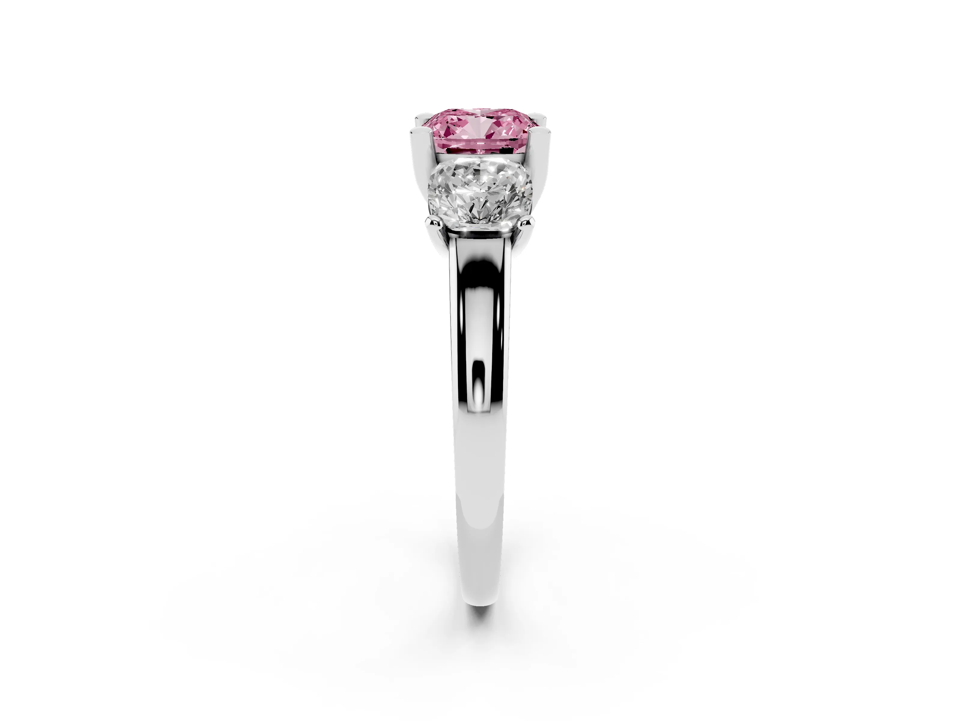 Fancy Pink Cushion Cut Diamond Three-Stone Ring Set in White gold with Classic Prong Setting and Plain Band