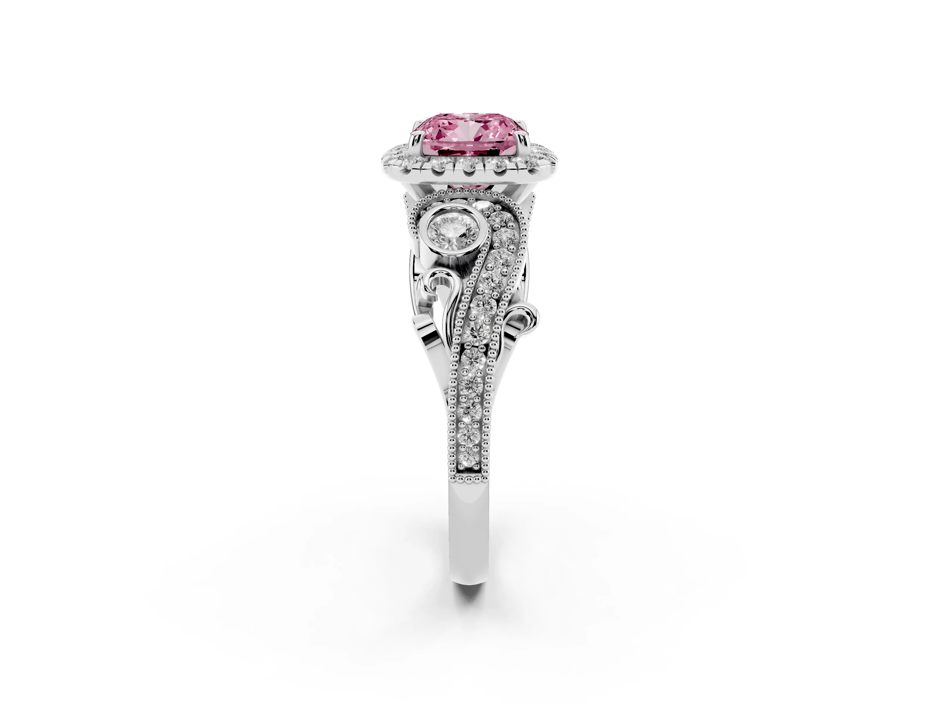 Fancy Pink Cushion Cut Diamond Halo Ring Set in Platinum with Milgrain Pavé Band and Prong Setting