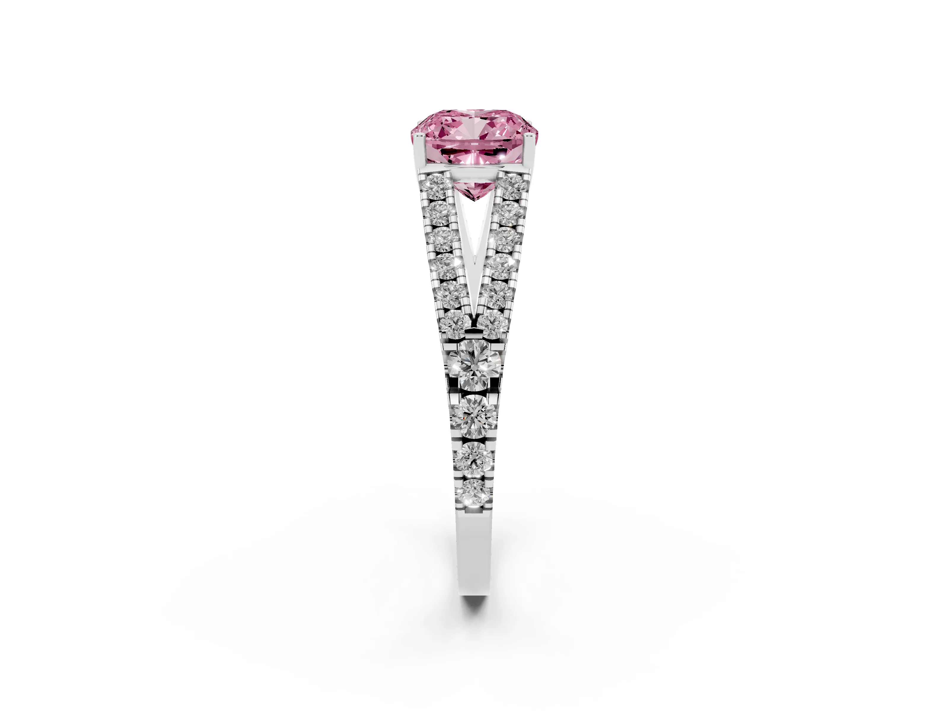 Fancy Pink Cushion Cut Diamond Split Shank Pavé Engagement Ring Set in Platinum with Prong-Held Center Stone