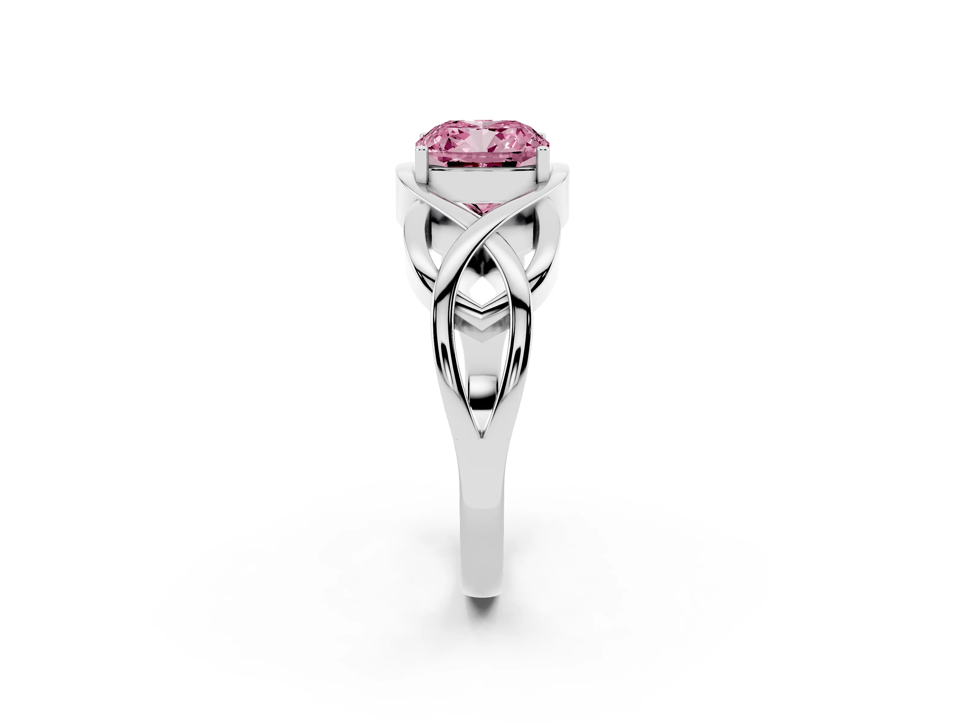 Fancy Pink Cushion Cut Diamond Solitaire Ring Set in Silver with Intertwined Band