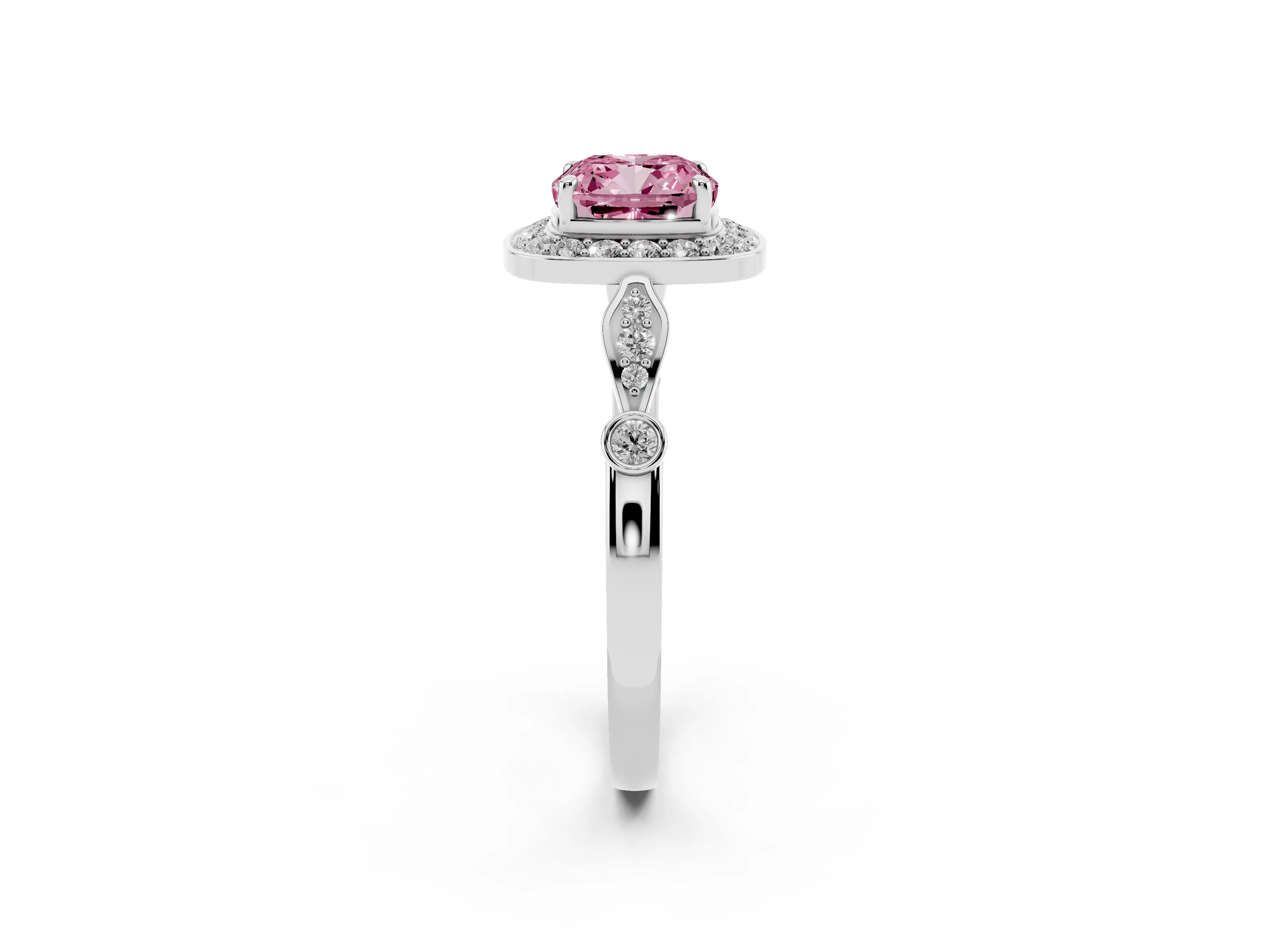 Fancy Pink Cushion Cut Diamond Halo Engagement Ring Set in Silver with Twisted Band and Prong Setting