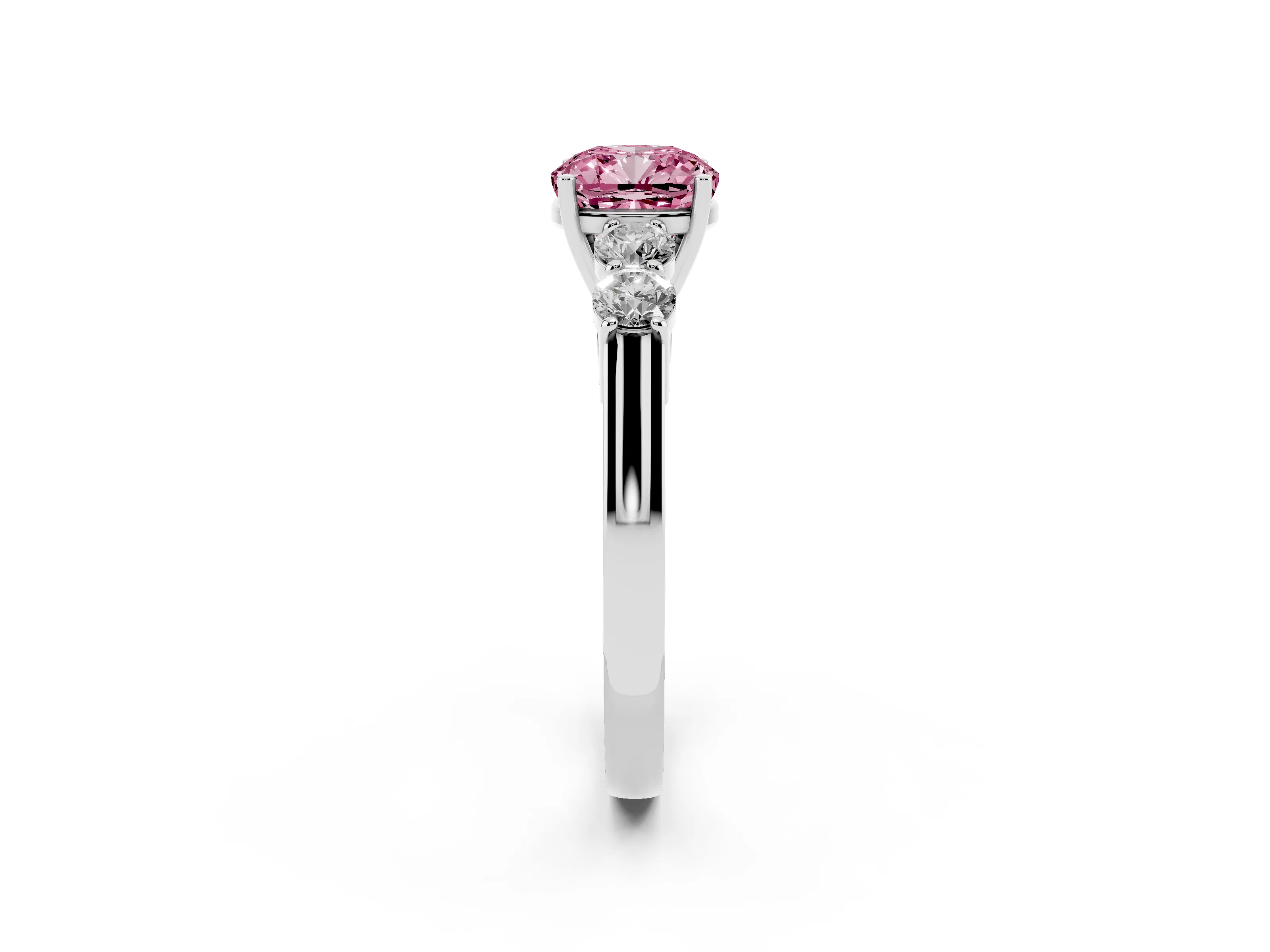 Fancy Pink Cushion Cut Diamond Five-Stone Prong Set Band Ring Set in White gold with Polished Band
