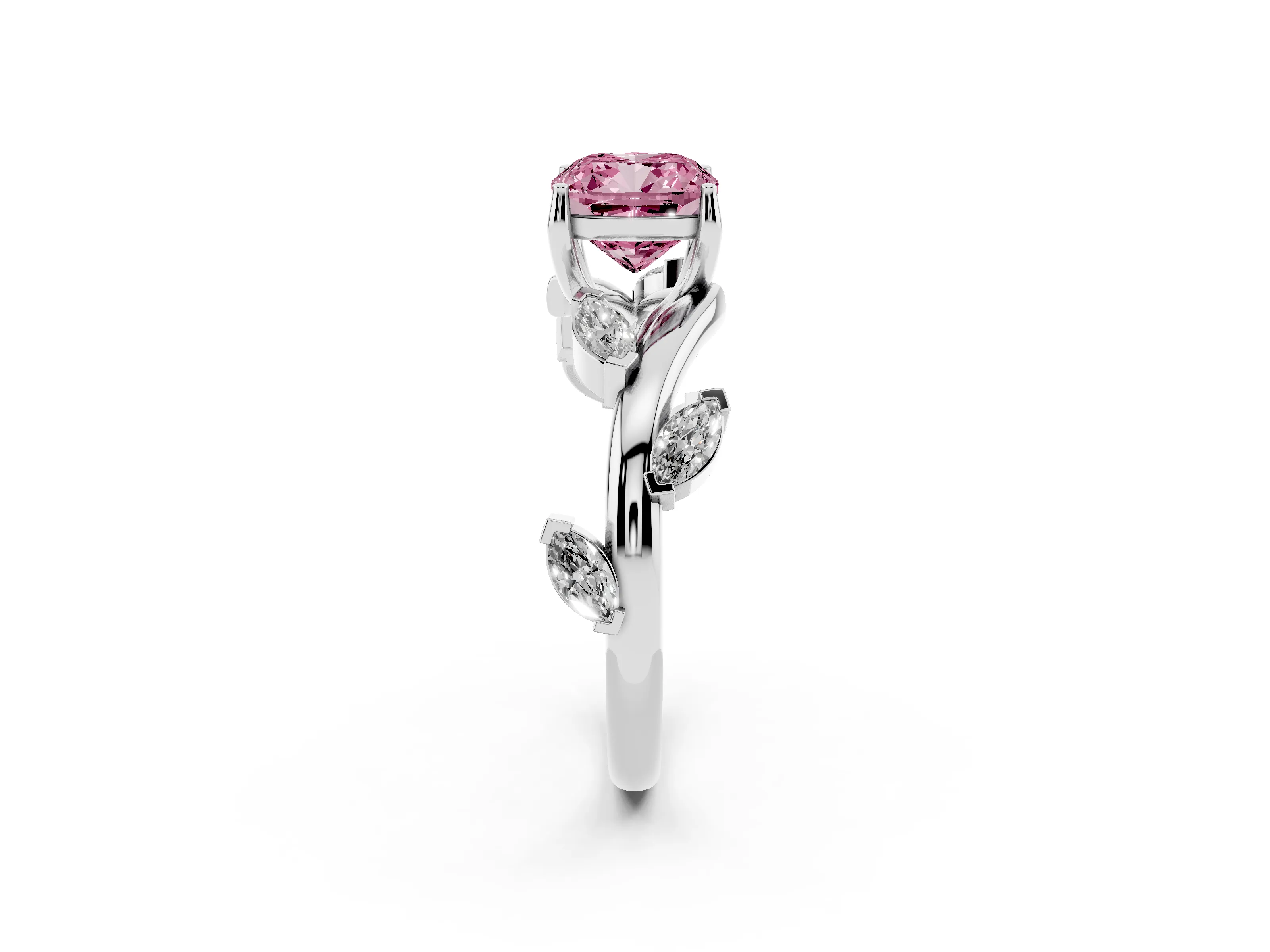 Fancy Pink Cushion Cut Diamond Solitaire Ring Set in Platinum with Twisted Marquise Accent Band