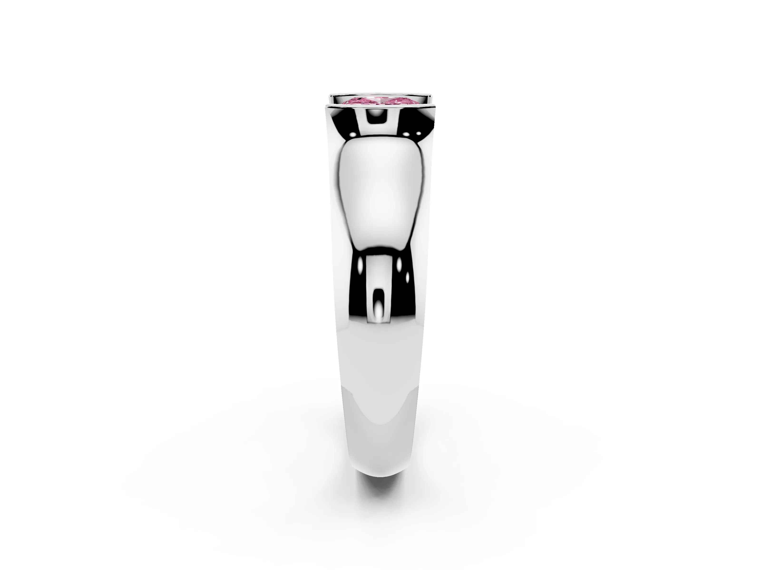 Fancy Pink Cushion Cut Diamond Bezel Solitaire Ring Set in White gold with Wide Band
