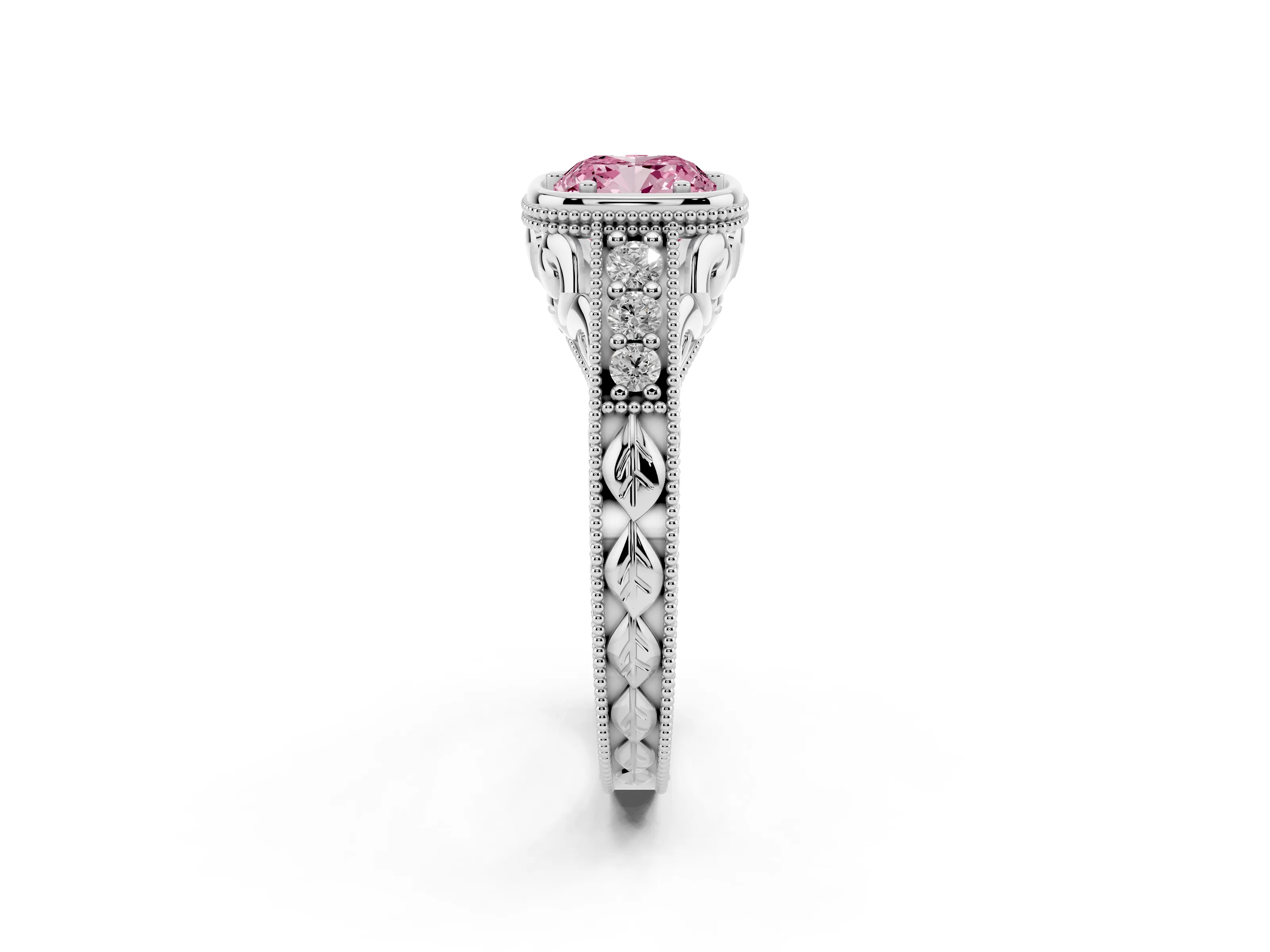 Fancy Pink Bezel Set Cushion Cut Diamond Milgrain Pavé Engagement Ring Set in Silver